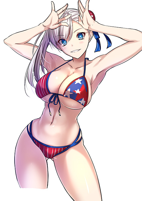 akeyama_kitsune american_flag_bikini armpits bangs bikini blue_eyes blush breasts bun_cover cleavage collarbone fate/grand_order fate_(series) female flag_print grin hair_bun hair_ribbon hands_up large_breasts long_hair looking_at_viewer miyamoto_musashi_(fate) miyamoto_musashi_(swimsuit_berserker) miyamoto_musashi_(swimsuit_berserker)_(fate) navel pink_hair ribbon side_bun simple_background smile solo swept_bangs swimsuit thighs