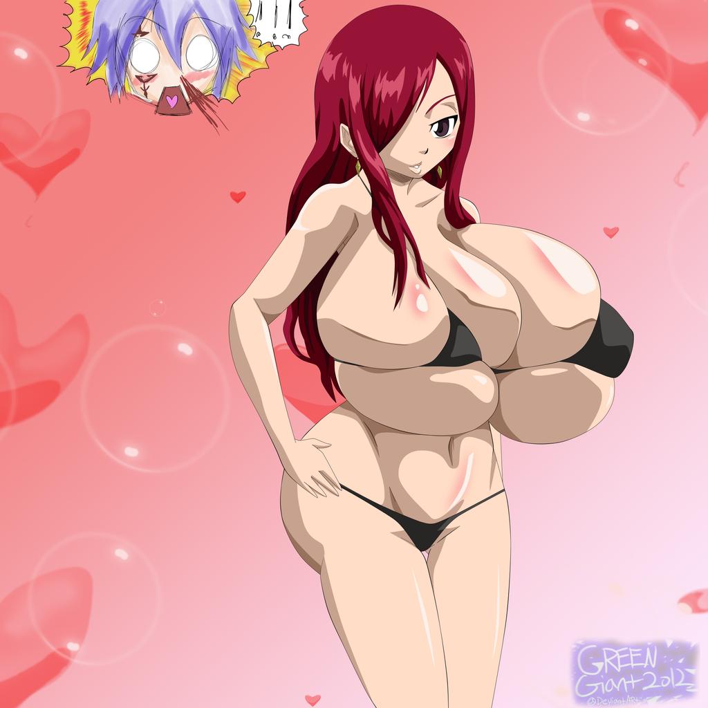 big_breasts bikini bloody_nose blue_hair breast_expansion erza_scarlet fairy_tail greengiant2012 jellal_fernandes red_hair