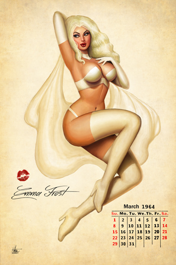 blonde_hair calendar_(medium) calendar_pinup cape elbow_gloves emma_frost kiss_mark kiss_mark_on_photo lingerie march_(month) marvel marvel_comics nathan_szerdy nszerdy pinup thighhighs white_queen x-men