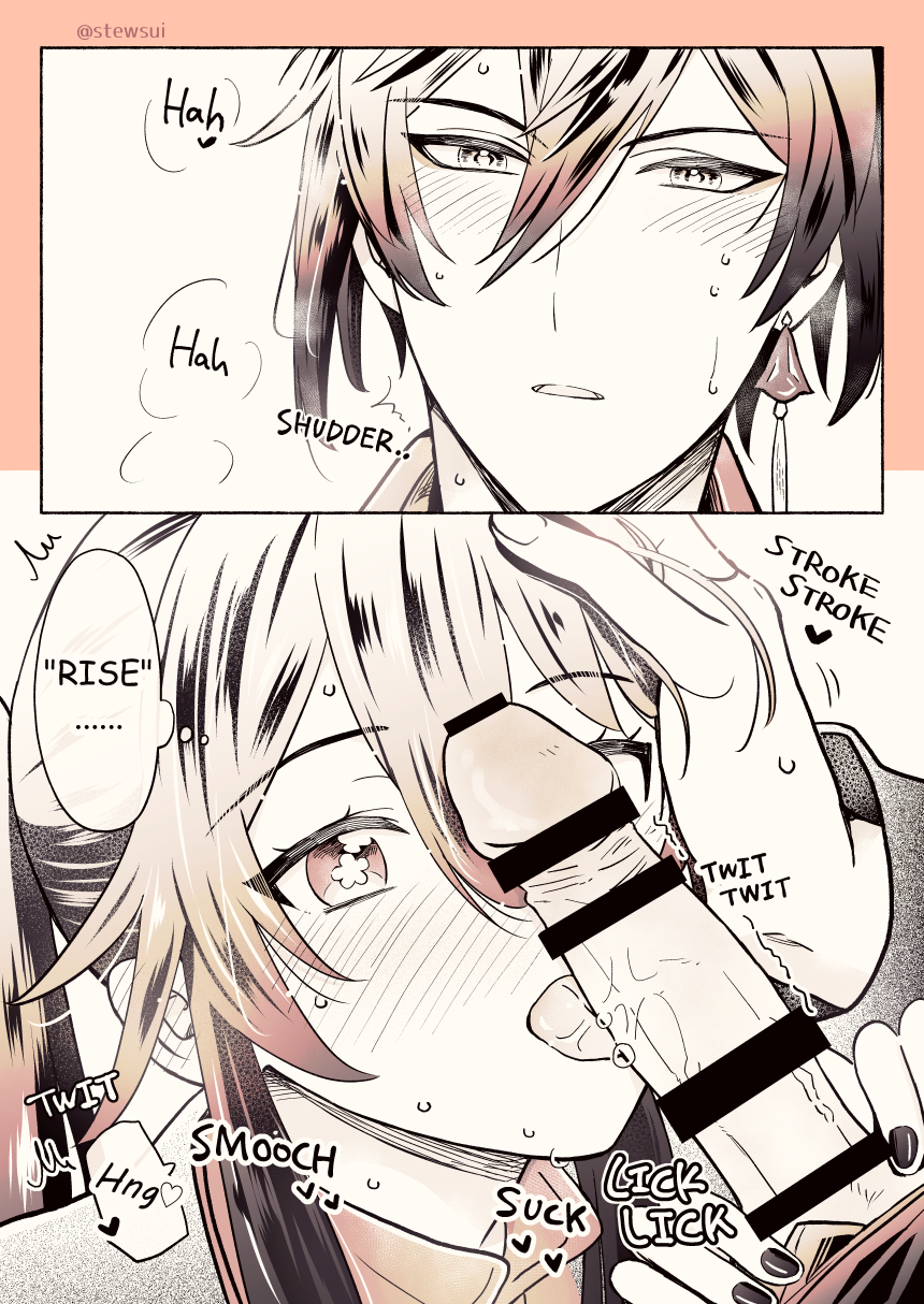 1boy bangs bar_censor black_hair black_nails blush censored clothed_male_nude_female collared_shirt couple earrings english_text eyebrows_visible_through_hair eyeliner eyeshadow face fellatio female flower-shaped_pupils genshin_impact greyscale hair_between_eyes hand_on_another's_head highres hu_tao_(genshin_impact) jewelry licking licking_penis long_hair looking_at_viewer makeup monochrome nude open_mouth oral penis penis_on_face red_eyeshadow shirt sidelocks single_earring speech_bubble stewsui straight sweatdrop symbol-shaped_pupils tassel tassel_earrings twitter_username zhongli_(genshin_impact)