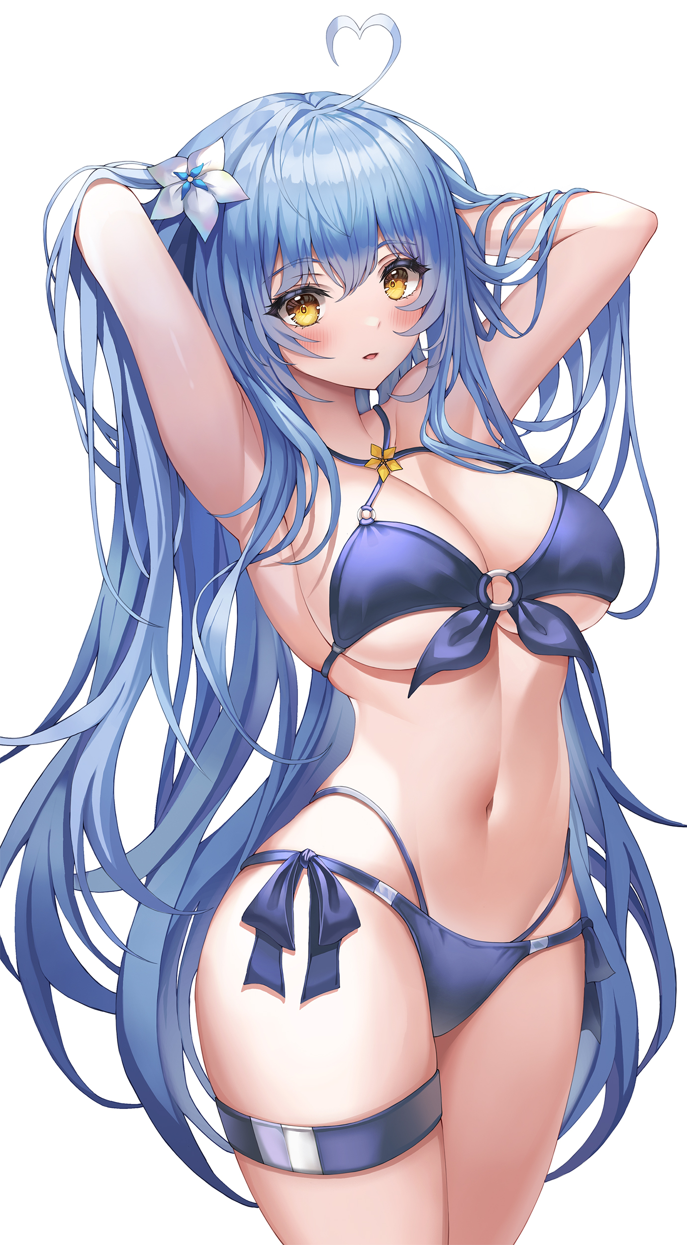 1girls, big breasts, bikini, blue hair, breasts, cleavage, female, hololive, hololive gen 5, hololive japan, long hair, looking at viewer, swimsuit, thick thighs, underboob, virtual youtuber, wide hips, yukihana lamy