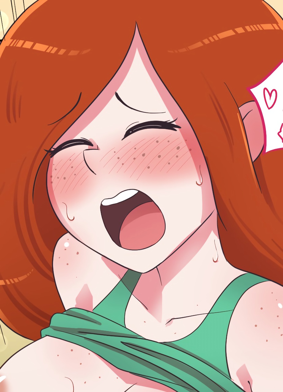 blush, breasts, close-up, closed eyes, cubedcoconut, disney, disney channel, disney xd, female, freckles, freckles on breasts, freckles on chest, gravity falls, o face, open mouth, red hair, smooth skin, sweat, tank top, tank top lift, wendy corduroy