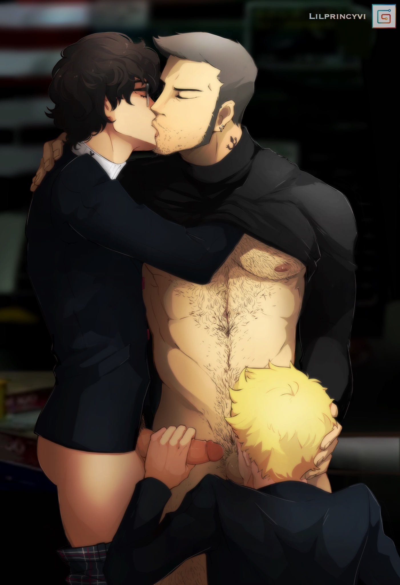 3boys, age difference, bara, beard, blowjob, closed eyes, erection, facial hair, gay, grabbing, hairy, half-dressed, handjob, head grab, iwai munehisa, kissing, kneeling, lilprincyvi, male, male only, male/male/male, masturbation, older male, pants down, penis, persona, persona 5, ren amamiya, ryuji sakamoto, tagme, tattoo, threesome, trio, yaoi, younger male