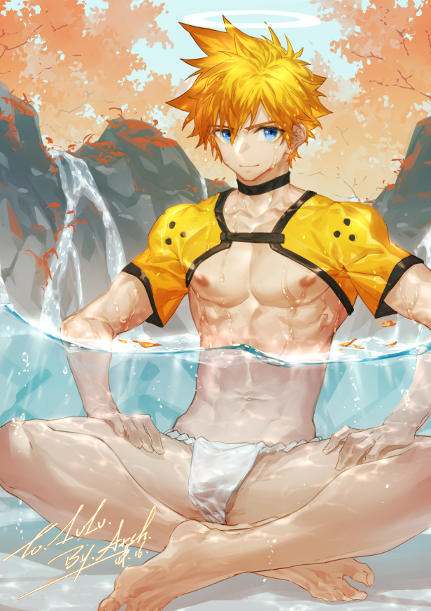 1boy abs arsh autumn blonde_hair blue_eyes collar crossed_legs eye_contact eye_contact_pov fundoshi hand_on_leg lenga_valentine light_skin male male_focus muscles muscular_male nipples outdoors pov revealing_clothes seductive sitting sitting_in_water smile smiling solo_male water