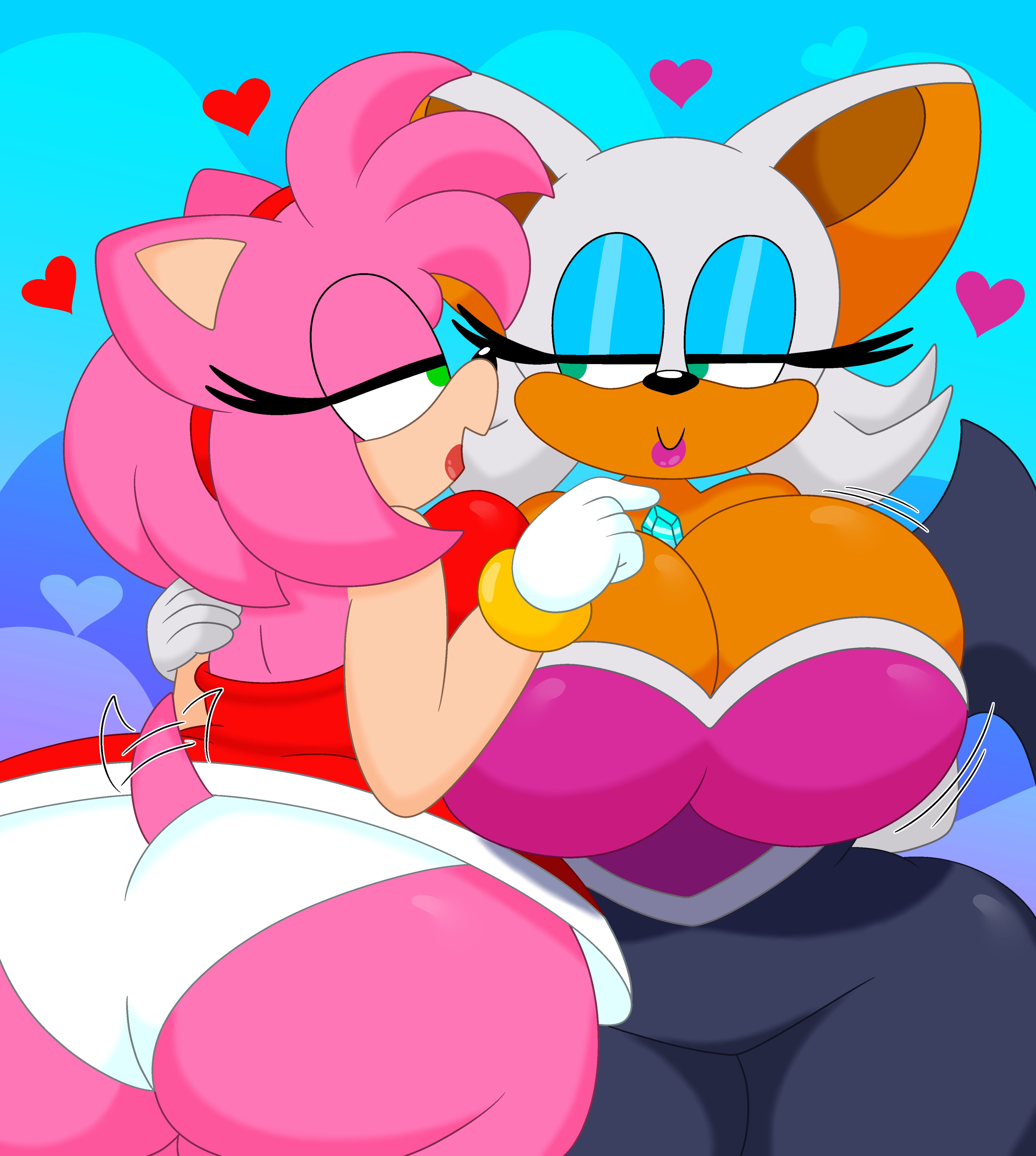 2girls, 3barts, adult, aged up, amy rose, anthro, ass, bat, big ass, big breasts, bodysuit, breasts, bubble ass, bubble butt, busty, chiropteran, cleavage, dress, female, female only, gem, half-closed eyes, hedgehog, huge ass, huge breasts, large ass, large breasts, looking at each other, panties, pink hair, pink skin, red dress, rouge the bat, sega, shortstack, sonic (series), sonic the hedgehog (series), thick thighs, wagging tail, wide hips, yuri