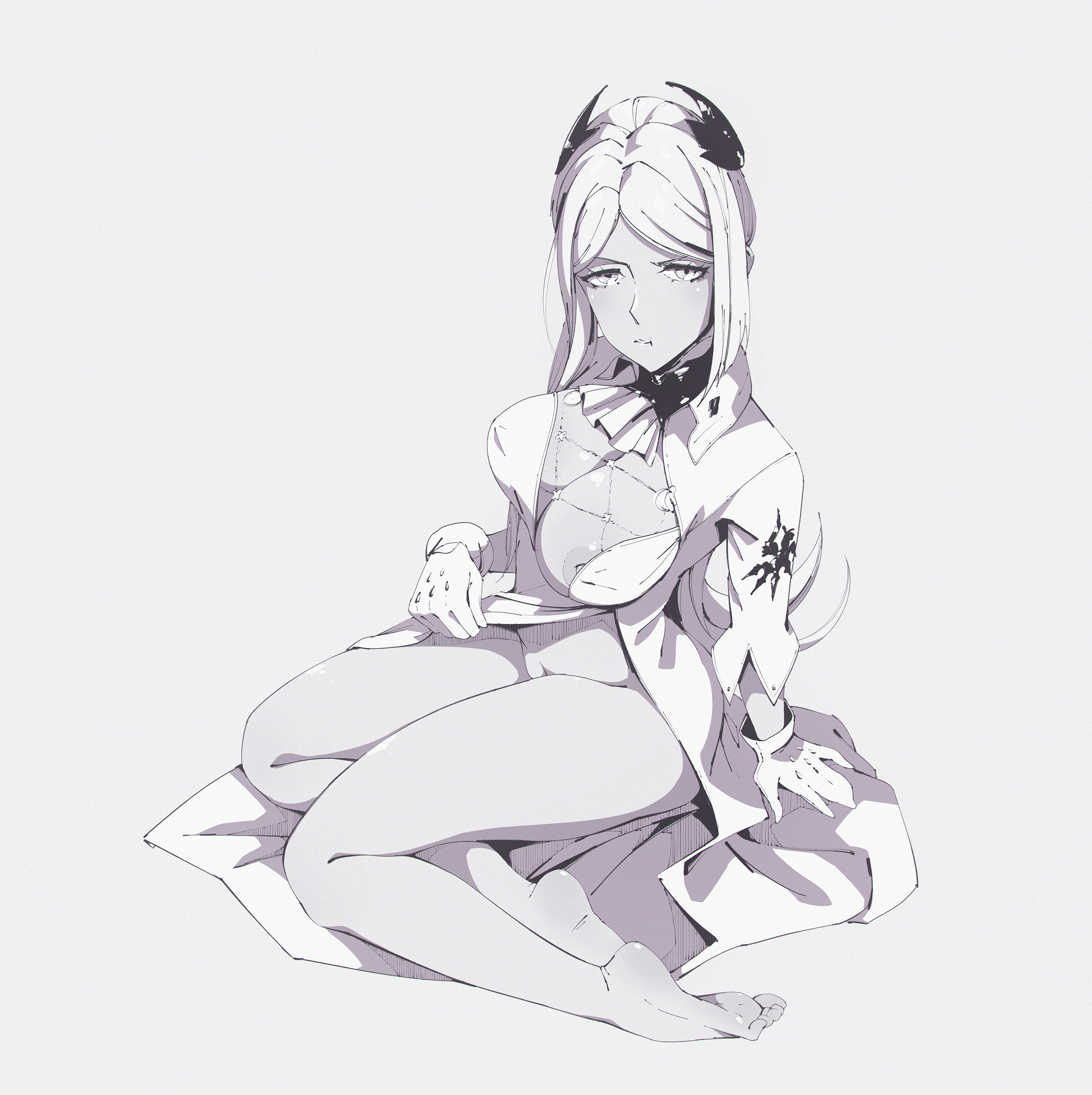 1girls, barefoot, big breasts, breasts, feet, female, female focus, female only, flou, high resolution, highres, hips, large breasts, looking at viewer, monochrome, nier (series), nier: automata, solo, wide hips, yorha commander