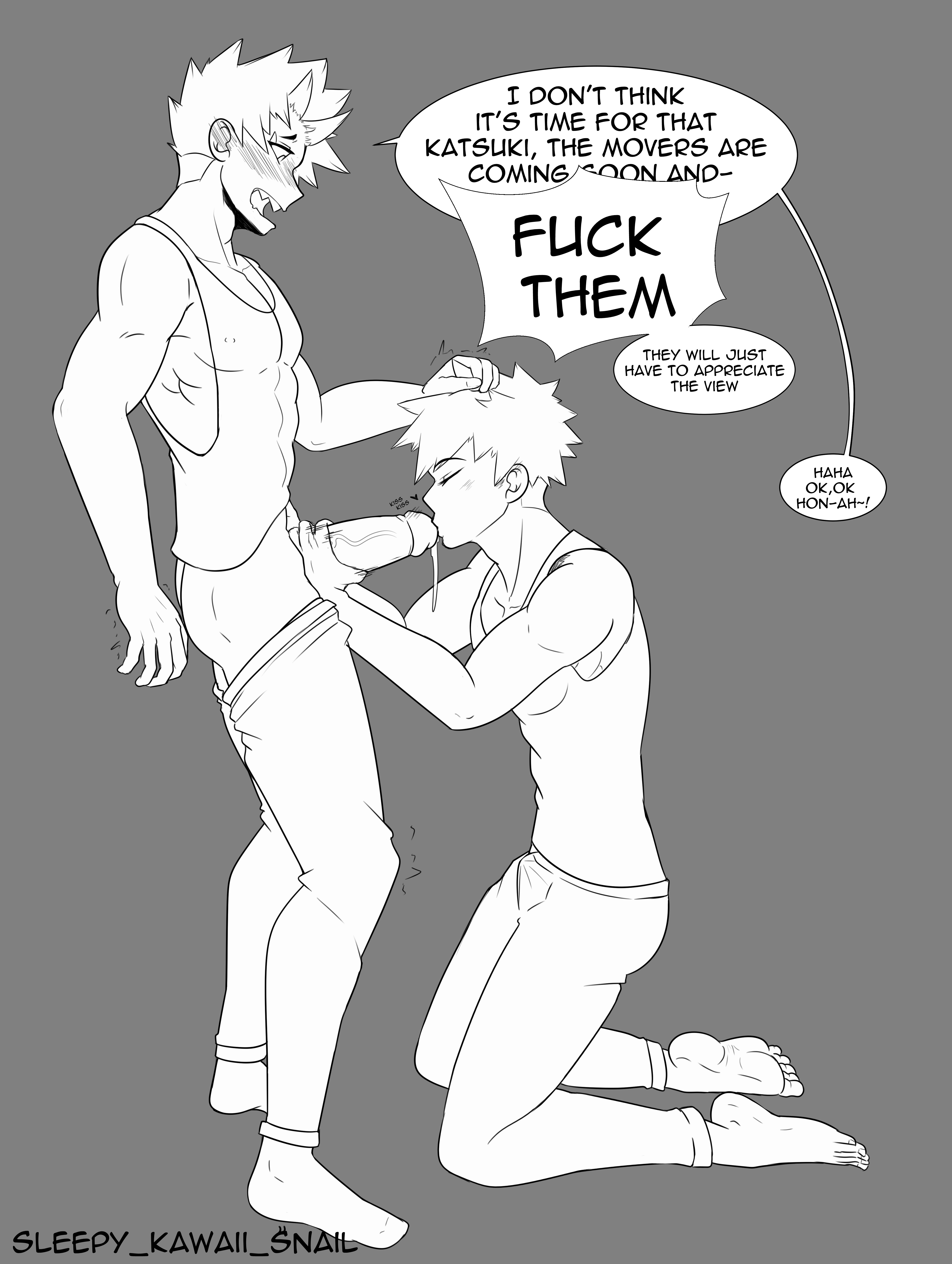 eijirou kirishima, fanon couple, fellatio, gay, katsuki bakugou, male, male on male, male only, my hero academia, penis, penis kiss, spiky hair, yaoi