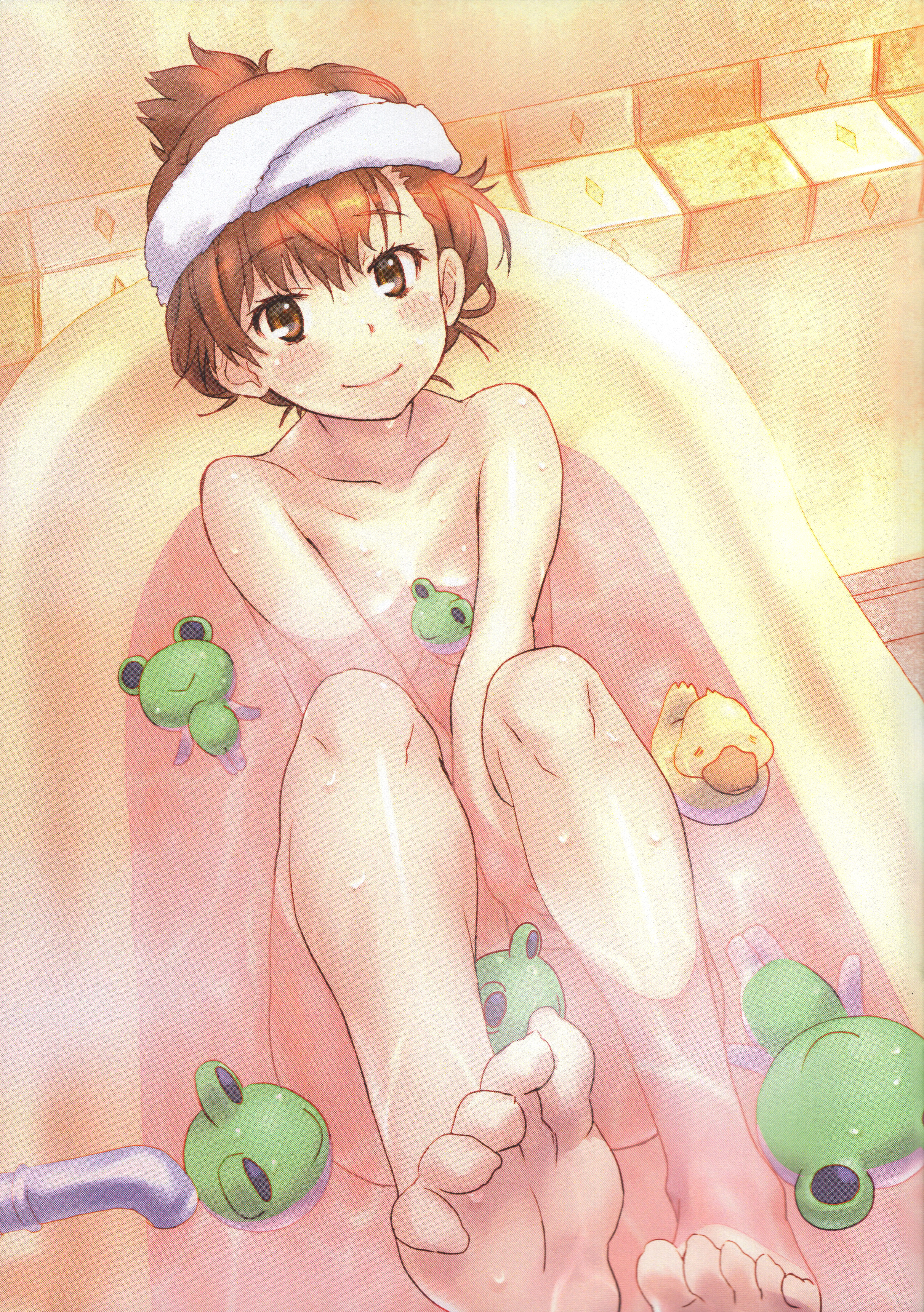 1girls, absurdres, animal, bathtub, blush, breasts, brown eyes, brown hair, completely nude, eyebrows visible through hair, faucet, female, female only, frog, from above, gekota, hair between eyes, happy, highres, huge filesize, looking at viewer, misaka mikoto, nude, nude female, raika9, rubber duck, scan, small breasts, solo, teenage female, teenager, to aru kagaku no railgun, to aru majutsu no index, towel, towel on head, water, wet, young