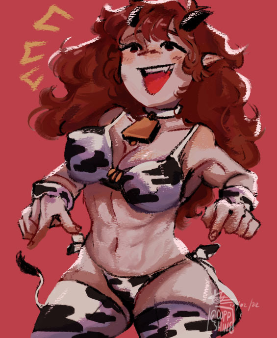 bell, bikini, cow print, cuppshin3, female, friday night funkin, girlfriend (friday night funkin), mob face, red hair, thighhighs, tight clothing