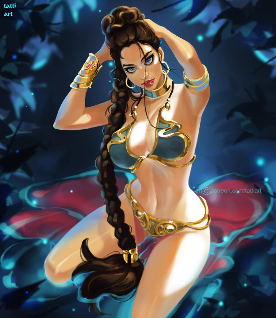 armlet belly_dancer belly_dancer_outfit blue_eyes bracelet braid braided_hair brown_hair cleavage dancer dancer_outfit enslaved_royal fair-skinned_female fair_skin female harem_girl harem_outfit kneeling large_breasts light-skinned_female light_skin loincloth long_hair looking_at_viewer princess_leia_organa royalty slave slave_bikini slave_collar slave_leia slave_outfit slavegirl star_wars tattiart voluptuous wrong_eye_color