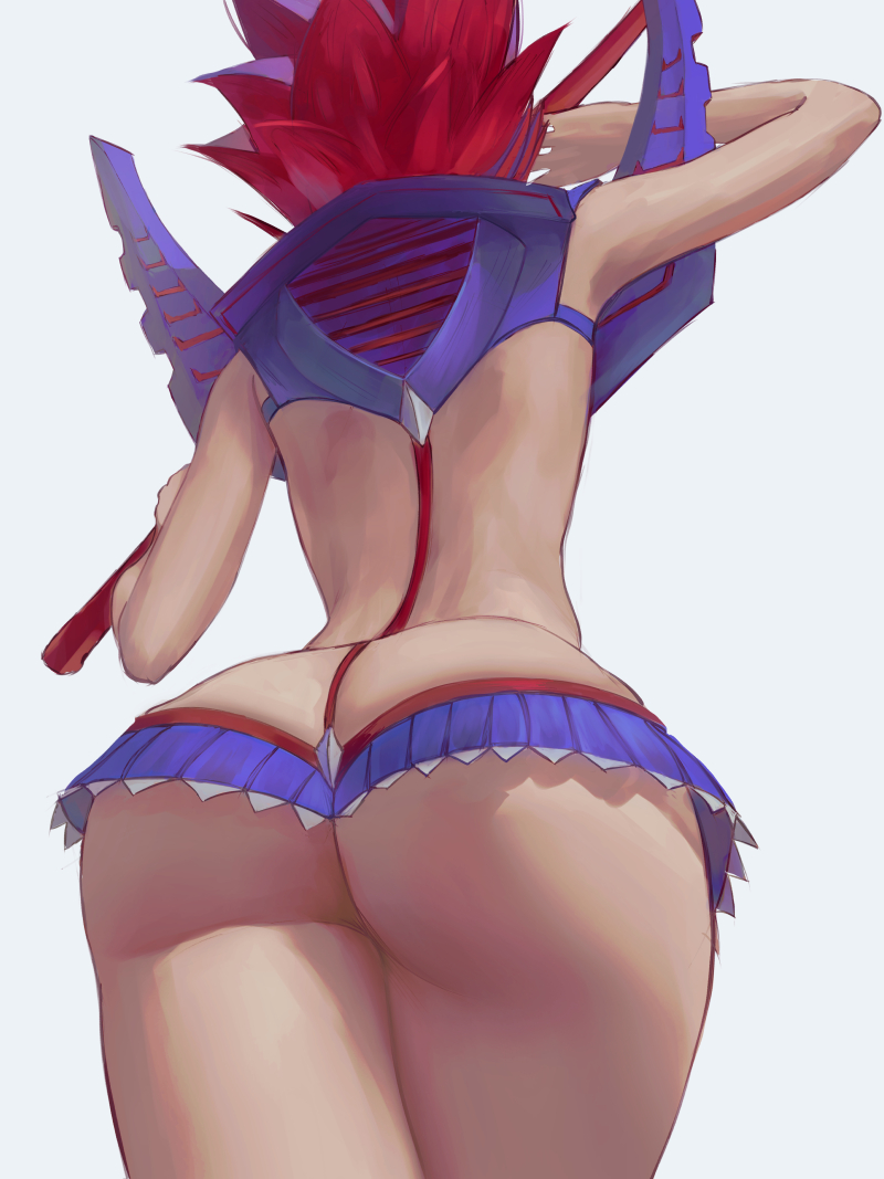 1girls, 2022, ass, ass cleavage, ass crack, ass focus, ass shot, back, back view, bubble ass, bubble butt, butt crack, female, female only, hips, holding object, huge ass, ignitesart, kill la kill, living clothes, low-angle view, matoi ryuuko, no panties, posing with weapon, red hair, senketsu, short hair, simple background, slim waist, thick thighs, thighs, weapon, white background, wide hips