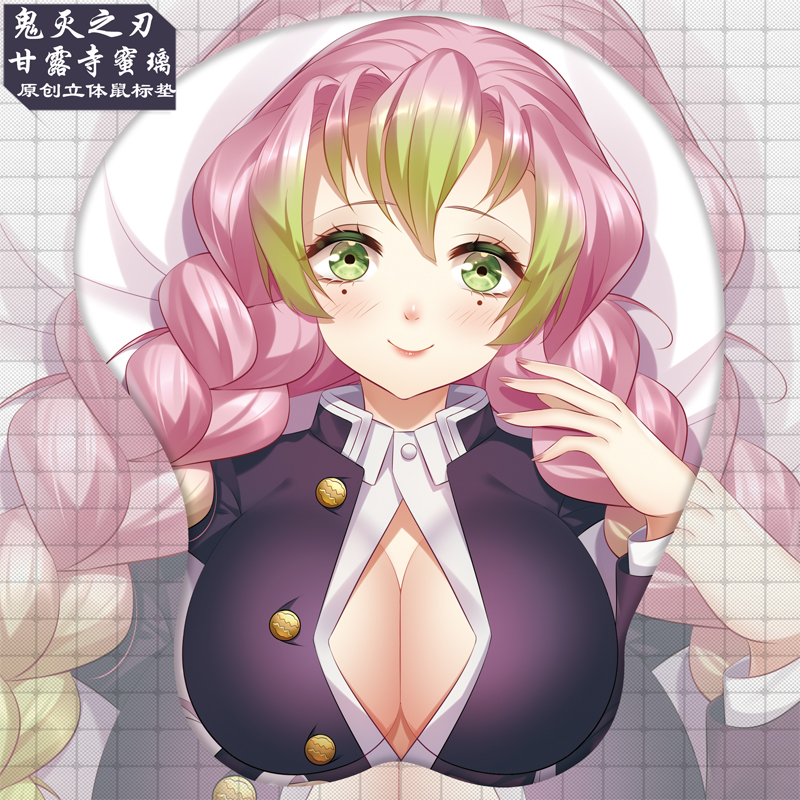 bangs big_breasts blush braided_hair cleavage demon_slayer female female_only green_eyes kanroji_mitsuri kimetsu_no_yaiba long_hair looking_at_viewer mole_under_eye mousepad no_bra open_shirt oppai_mouse_pad pink_hair smile solo two_tone_hair upper_body