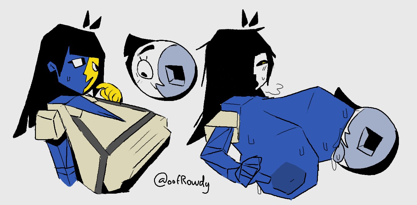 2girls, artist name, black hair, blue skin, breasts, ena, ena (series), face on breast, female, huge breasts, lesbian, moony (joel g), multiple females, multiple girls, nipples, oofrowdy, sweat, tits, watermark, yellow skin
