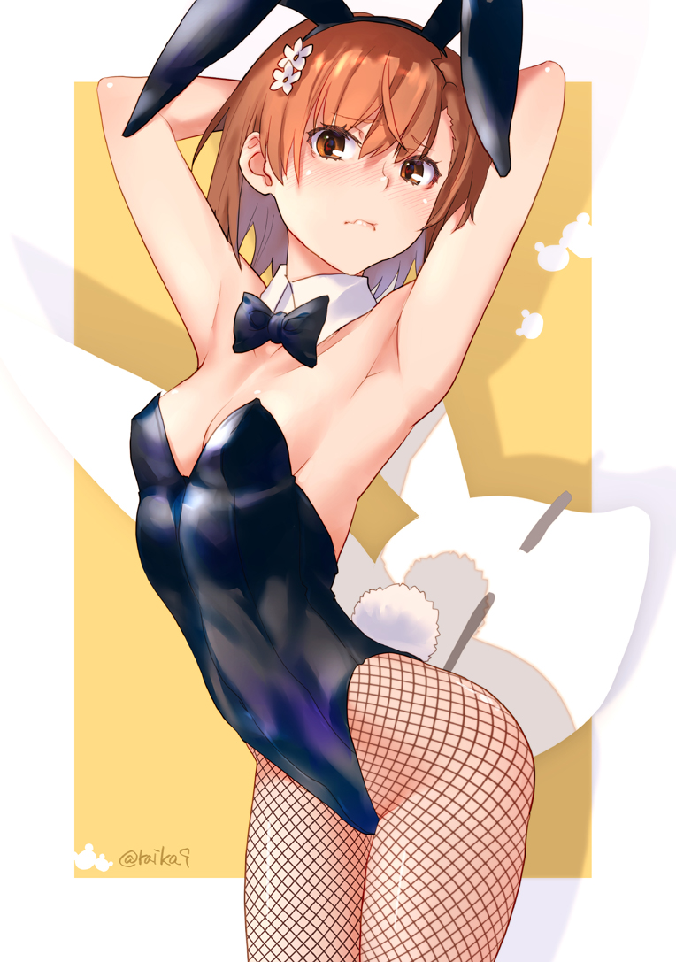 1girls, animal ears, armpits, arms behind head, arms up, black bow, black bowtie, black leotard, black neckwear, blush, border, bow, bowtie, breasts, brown eyes, brown hair, cleavage, closed mouth, covered navel, cowboy shot, detached collar, embarrassed, fake animal ears, fake tail, female, female only, fishnet legwear, fishnets, frown, leaning forward, leotard, misaka mikoto, nose blush, outside border, rabbit ears, rabbit tail, raika9, short hair, small breasts, solo, strapless, strapless leotard, tail, teenage female, teenager, to aru kagaku no railgun, to aru majutsu no index, twitter username, white border, yellow background, young