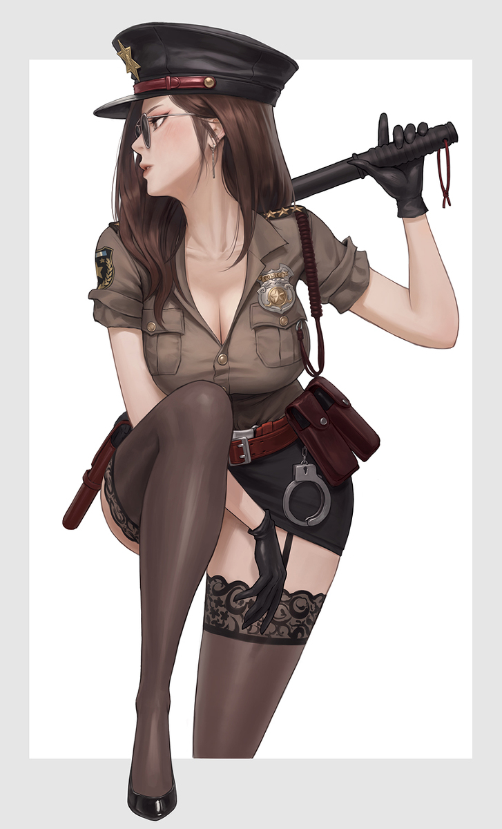 1girls, aviator sunglasses, baton, big breasts, binoculars, breasts, cleavage, cop, female, handcuffs, nightstick, nuker, nuker (nukerdraws), original character, police, police uniform, policewoman, stockings, sunglasses, tinted eyewear