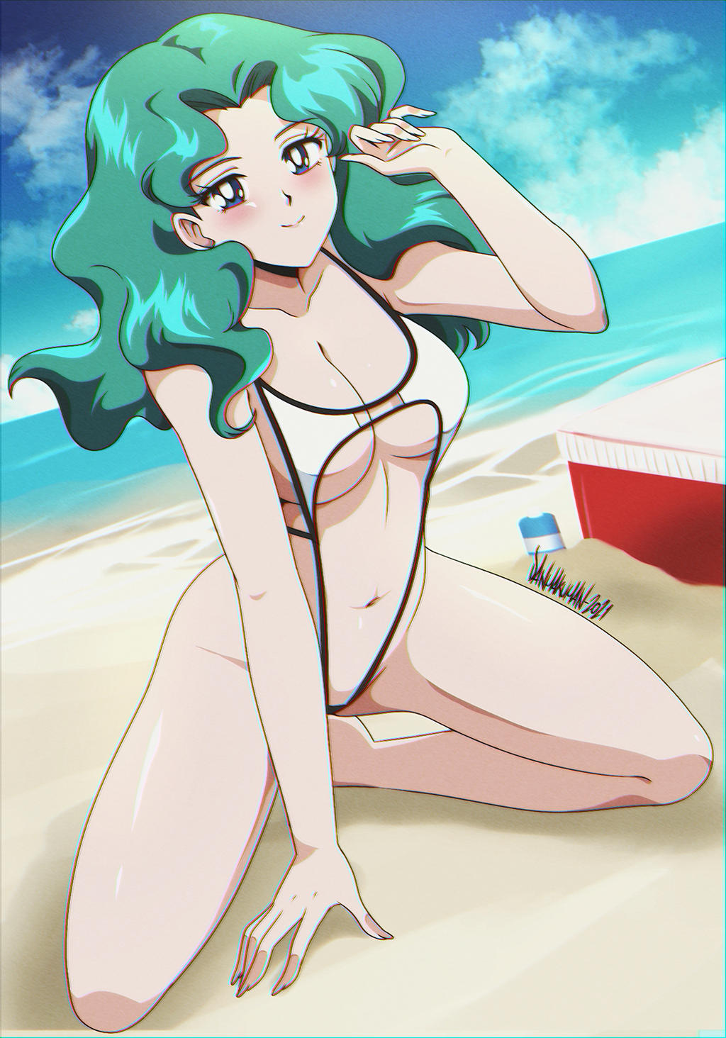 beach, bishoujo senshi sailor moon, blue eyes, blush, breasts, chromatic aberration, danmakuman, female, female only, green hair, kneeling, large breasts, long hair, michiru kaiou, seaside, sling bikini, swimsuit, voluptuous