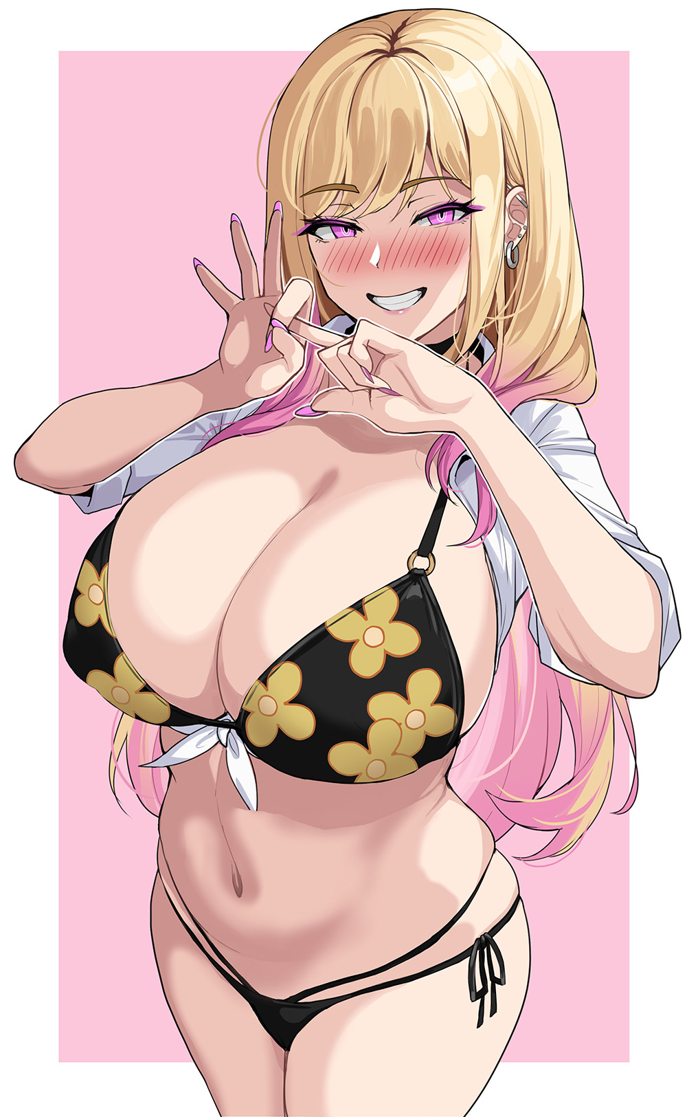 1girls, 2022, alternate eye color, bikini, black bikini, blonde hair, breasts, cleavage, drogod (artist), ear piercing, female, female only, flower pattern, gyaru, huge breasts, kitagawa marin, long hair, looking at viewer, naughty face, purple hair, sex gesture, side tie bikini, simple background, smile, sono bisque doll wa koi wo suru, suggestive gesture, suggestive look, two-tone hair