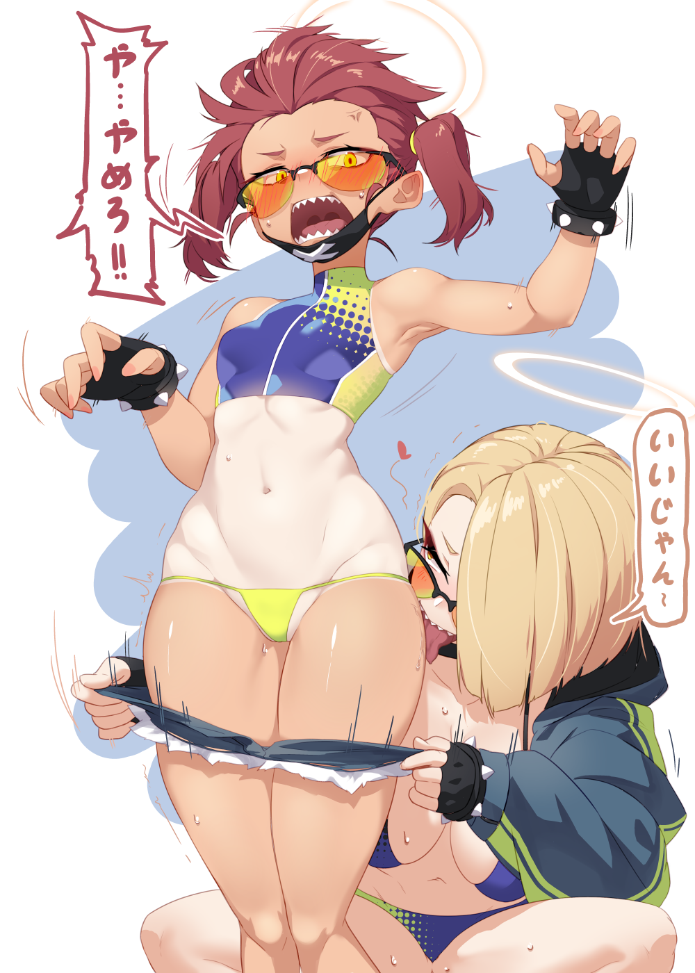 2girls armpits bikini blonde_hair blue_archive bracelet breasts clothes_pull dev_(dev0614) fingerless_gloves glasses gloves halo highres jewelry large_breasts licking licking_leg looking_over_eyewear looking_over_glasses looking_over_sunglasses mask micro_bikini mouth_mask multiple_girls navel orange-tinted_eyewear pants pants_pull red_hair seaside_sukeban_(mg)_(blue_archive) seaside_sukeban_(smg)_(blue_archive) sharp_teeth short_shorts shorts side_ponytail simple_background small_breasts spiked_bracelet spikes sunglasses surgical_mask sweat swimsuit tan tanlines teeth tinted_eyewear translated undressing_another yellow-tinted_eyewear yuri