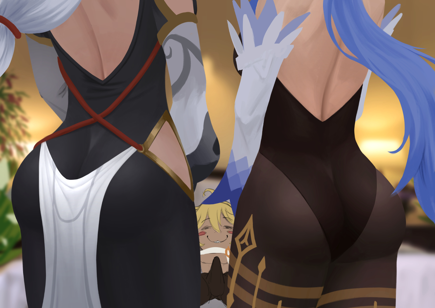 1boy, 2girls, aether (genshin impact), ass, ass focus, big ass, blonde hair, blue hair, erection, female, ganyu (genshin impact), genshin impact, hips, jornyhail, legs, male, mihoyo, scarf, shenhe (genshin impact), smiley face, thighs, viewed from behind, white hair