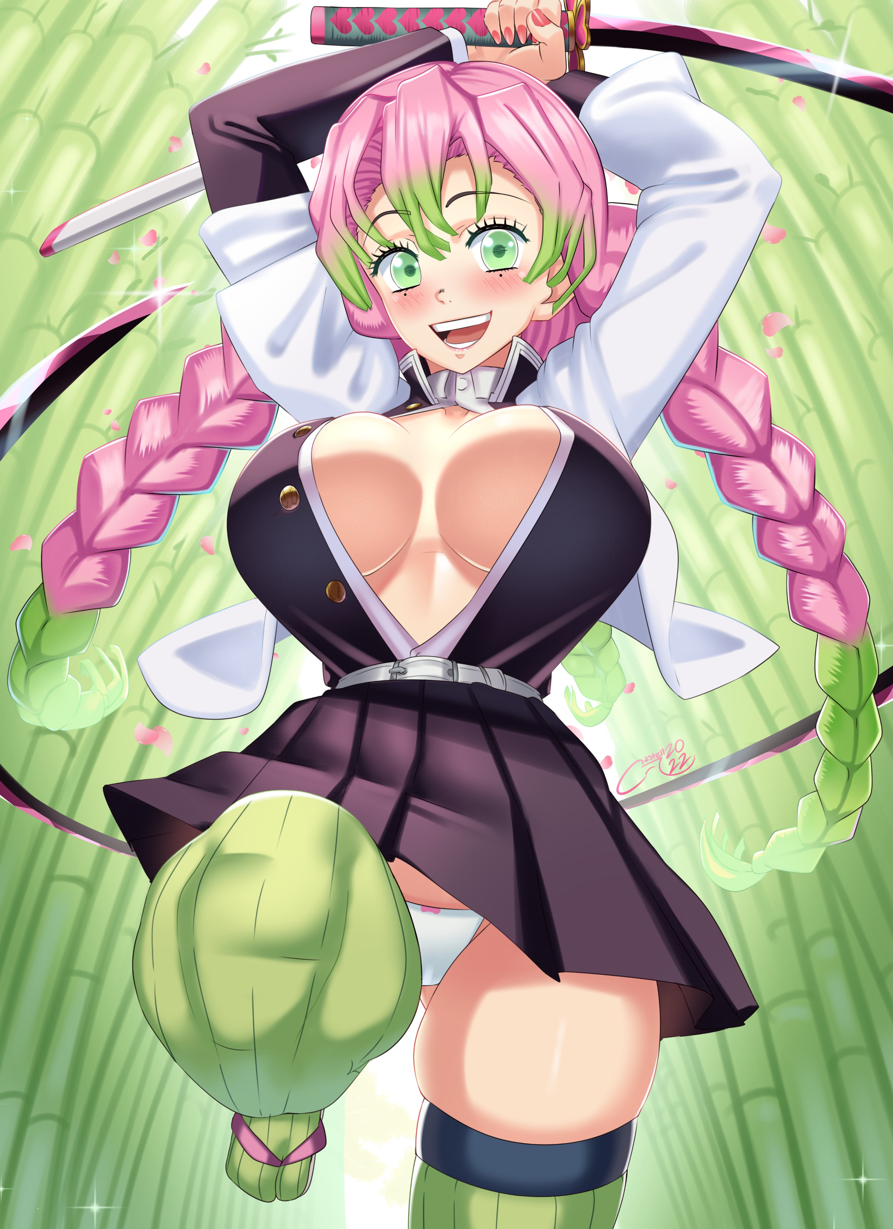 1girls, arms up, big breasts, blush, braided hair, breasts, castell, demon slayer, female, female only, green eyes, haori, kanroji mitsuri, katana, kimetsu no yaiba, long hair, looking at viewer, low-angle view, mole under eye, no bra, open mouth, open shirt, panties, pink hair, pink-haired female, pleated skirt, smile, solo, sword, thick thighs, thighhighs, two-tone hair, uniform, upskirt, white panties, zettai ryouiki