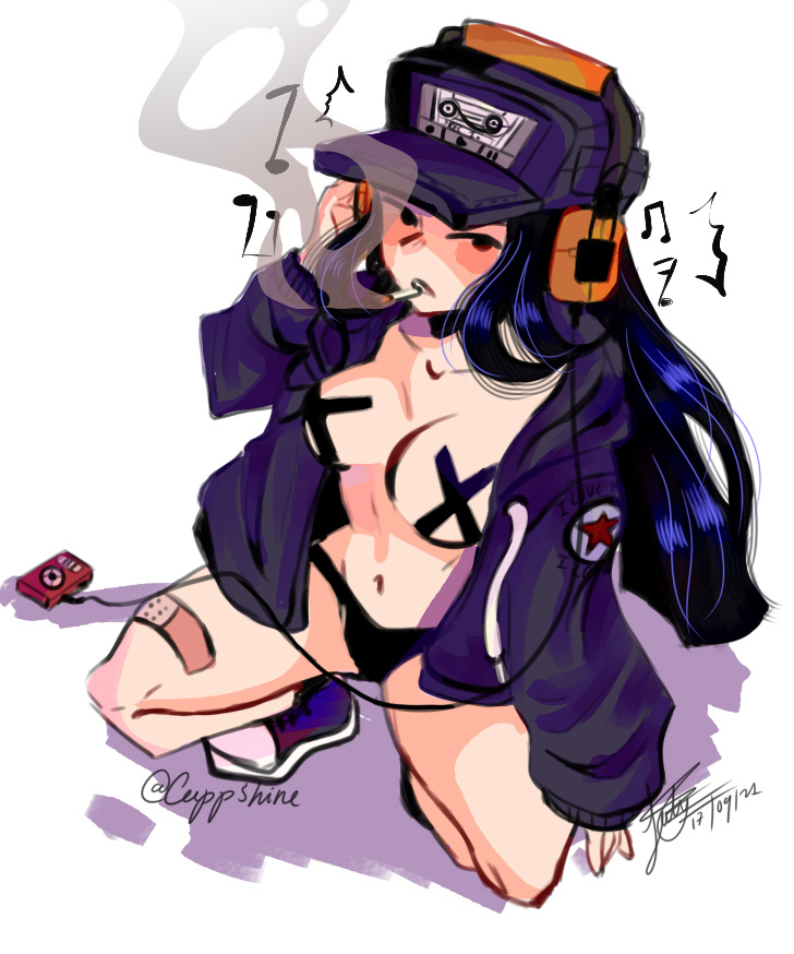 black_hair cassette_girl cassette_tape cuppshin3 hat headphones mob_face newgrounds perspective smoking squatting taped_nipples