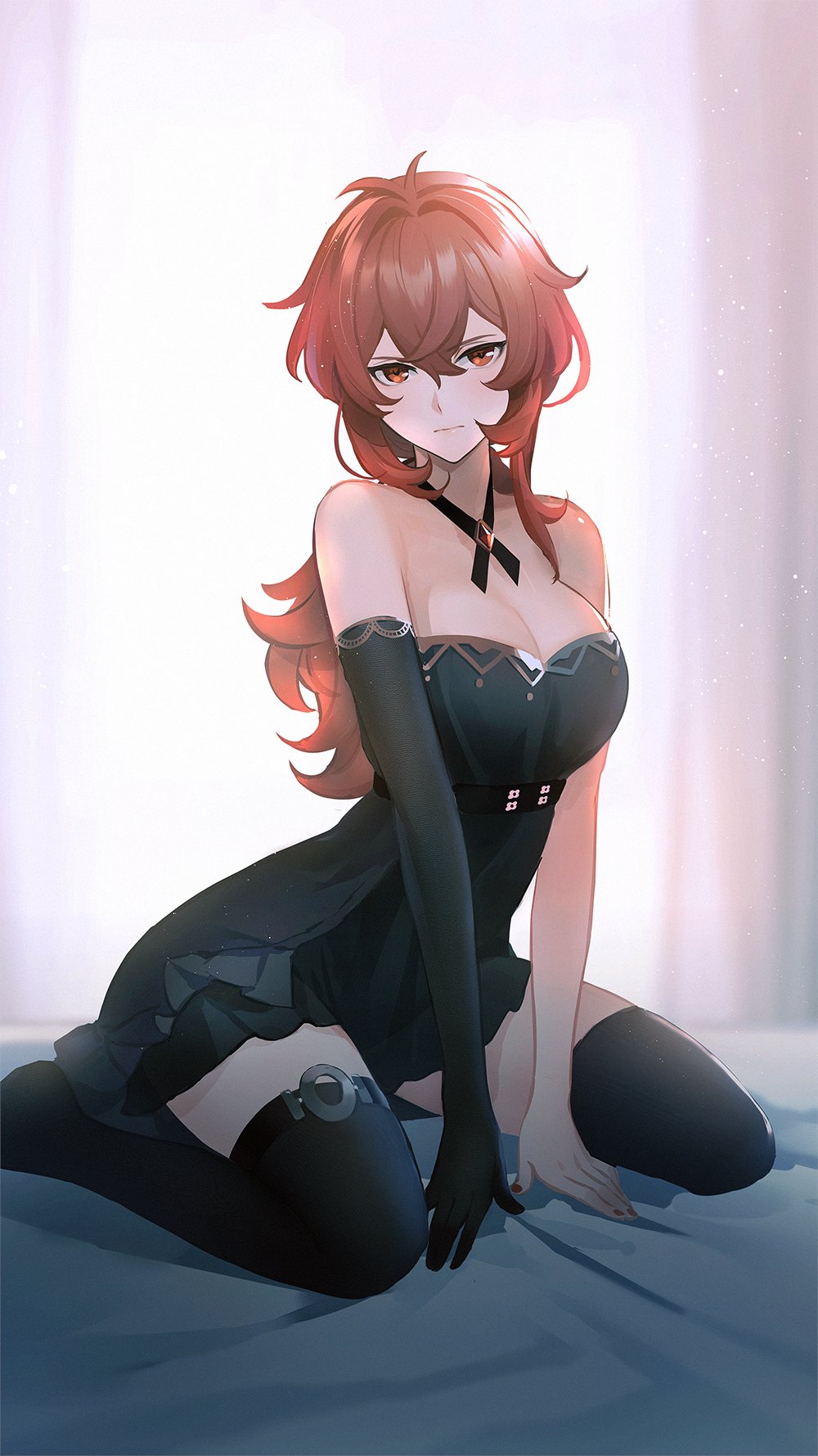 1girls, 2d, 2d (artwork), 5 fingers, big breasts, breasts, diluc (genshin impact), female, female only, genderswap, genderswap (mtf), genshin impact, light skin, light-skinned female, lingerie, looking at viewer, on bed, pale skin, pale-skinned female, posing, red eyes, red hair, rule 63, sfw, solo