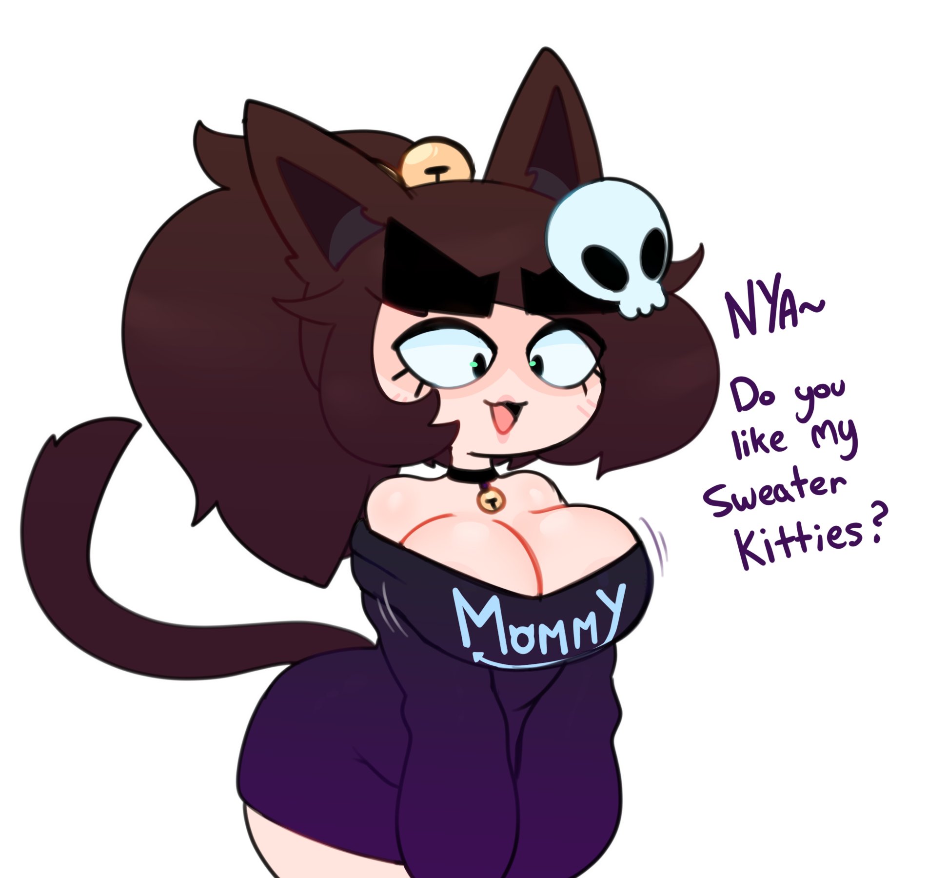 :3, 1girls, ass, bell, bell collar, big ass, bottomless, breasts, brown hair, cat ears, cat girl, cat tail, catgirl, cleavage, curvy, english text, eyebrows, female, female only, femscrub (somescrub), green eyes, hair, hair ornament, happy, large breasts, lipstick, long sleeves, looking down, mature, mature female, milf, mother, motion lines, no pants, open smile, original, original character, ponytail, skull, skull hair ornament, smile, solo, solo female, somescrub, sweater, text, thick thighs, thighs, white background
