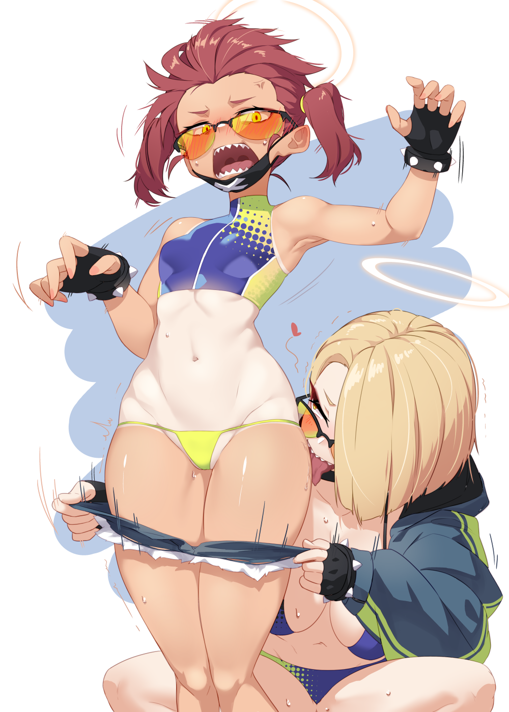 2girls armpits bikini blonde_hair blue_archive bracelet breasts dev_(dev0614) fingerless_gloves glasses gloves halo highres jewelry large_breasts licking licking_leg looking_over_eyewear mask micro_bikini mouth_mask multiple_girls navel orange-tinted_eyewear red_hair seaside_sukeban_(mg)_(blue_archive) seaside_sukeban_(smg)_(blue_archive) sharp_teeth side_ponytail simple_background small_breasts spiked_bracelet spikes sunglasses surgical_mask sweat swimsuit tan tanlines teeth tinted_eyewear yellow-tinted_eyewear yuri