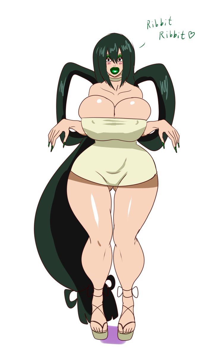 annon, bimbo, bimbofication, bimbofied, blush, breasts, dialogue, eyeshadow, female, frog girl, green hair, green lipstick, high heels, huge breasts, huge lips, lipstick, makeup, my hero academia, smile, text, tsuyu asui, very long hair