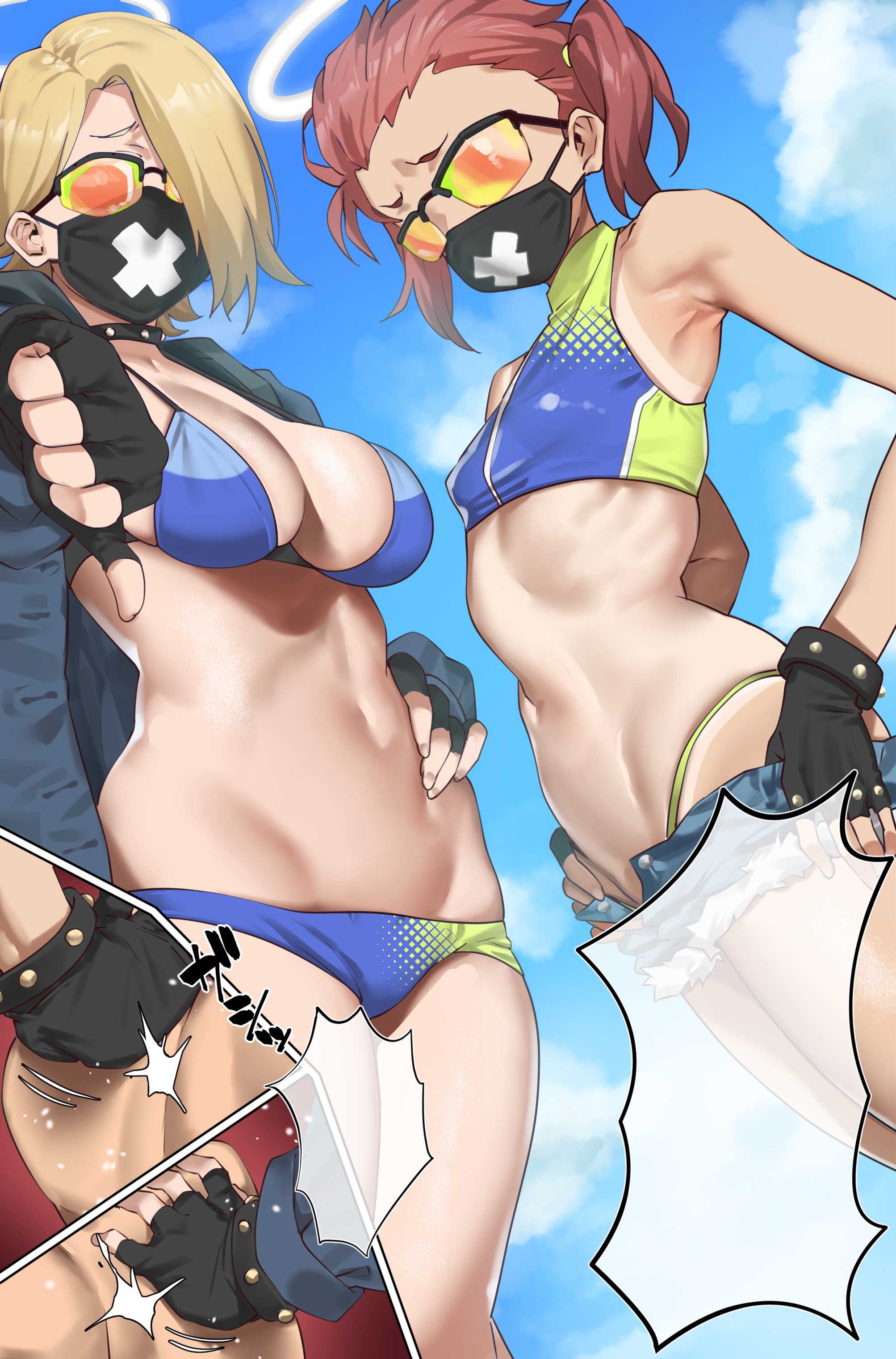 2girls, absurdres, armpits, bikini, black gloves, black-framed eyewear, blonde hair, blue archive, blue bikini, blue shorts, blue sky, breasts, brown hair, day, female, fingerless gloves, gloves, green-tinted eyewear, hair over one eye, halo, hand on hip, highres, large breasts, looking at viewer, mask, medium hair, micro shorts, mouth mask, multiple females, multiple girls, navel, one-piece tan, orange-tinted eyewear, outdoors, over-rim eyewear, ramanda, seaside sukeban (mg) (blue archive), seaside sukeban (smg) (blue archive), semi-rimless eyewear, shorts, skindentation, sky, small breasts, sunglasses, surgical mask, swimsuit, tan, tanlines, thumbs down, tinted eyewear, twintails, yellow-tinted eyewear