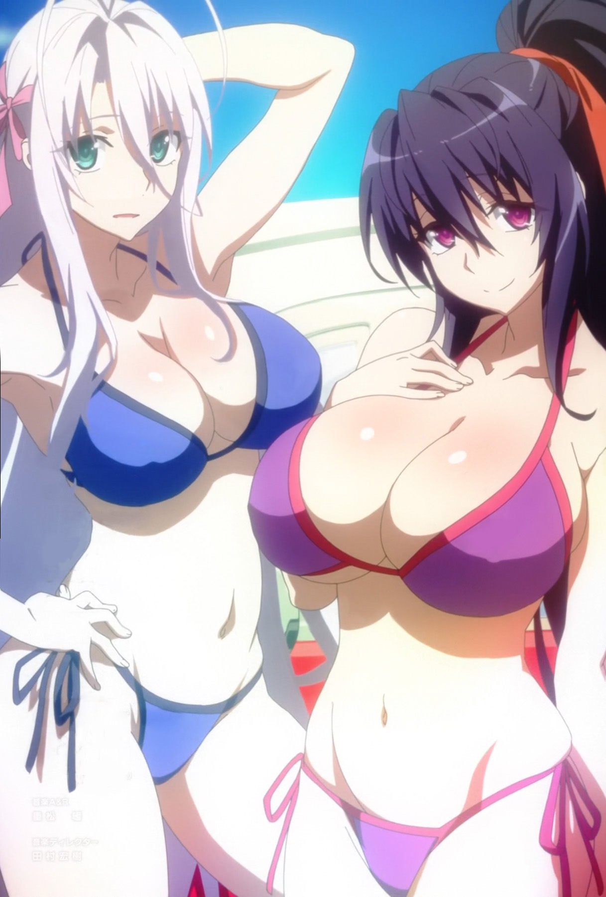 2girls akeno_himejima bare_shoulders belly_button big_breasts bikini breasts busty cleavage color colored cyan_eyes dark_hair dark_purple_hair demon_girl duo duo_focus eyebrows_visible_through_hair eyes_visible_through_hair female female/female female_only hand_on_hip high_school_dxd high_school_dxd_hero large_breasts light-skinned light-skinned_female light_skin long_hair looking_at_viewer multiple_females multiple_girls one_arm_up only_female pale pale-skinned_female pale_skin passione_(company) pink_eyes ponytail purple_hair rossweisse screencap screenshot smile smiling string_bikini swimsuit swimwear teal_eyes tied_hair valkyrie white_hair