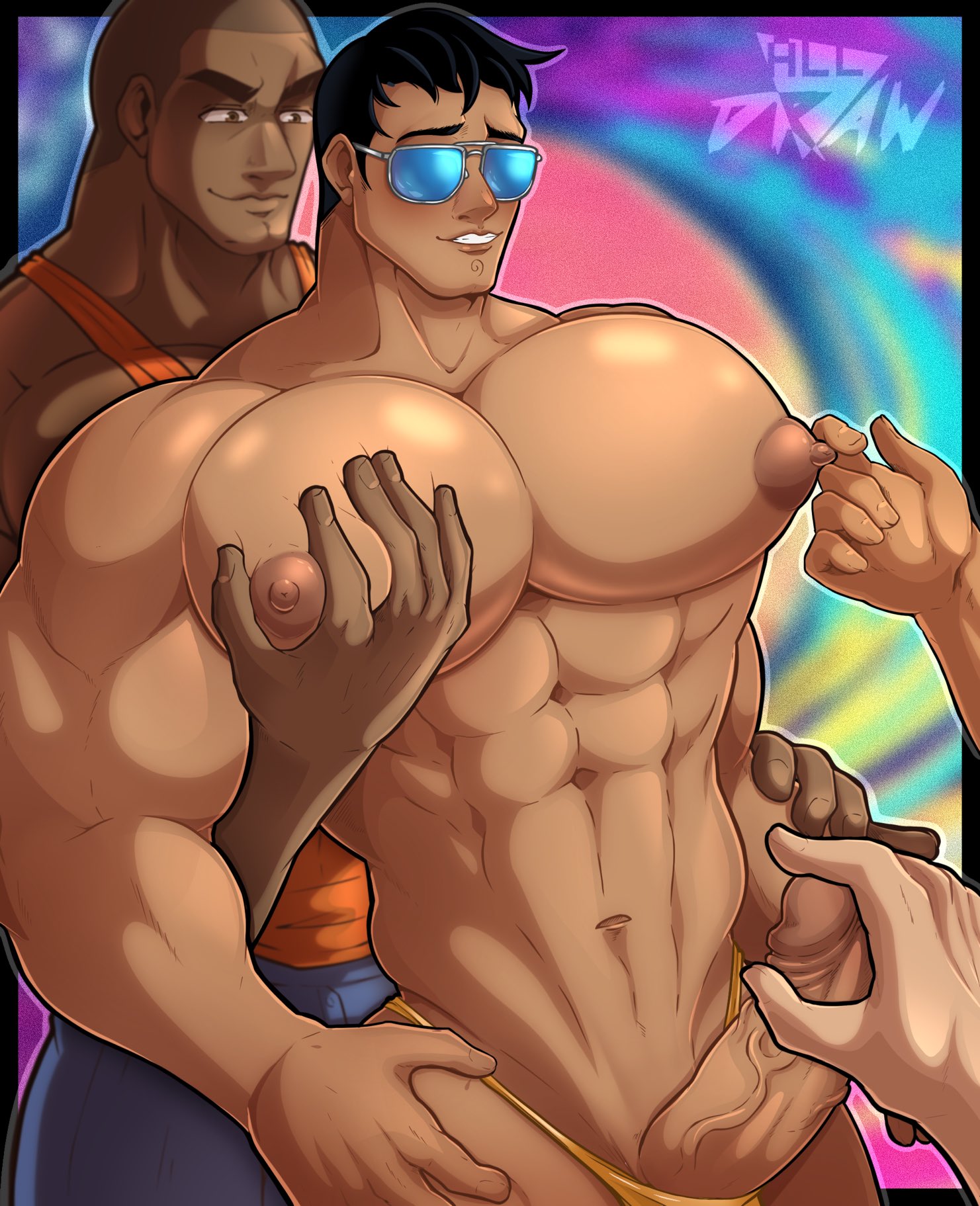 3boys, abs, all draw, black hair, boner, disembodied hand, disney, erect penis, erection, foreskin, gay, hard on, head grab, holding, huge muscles, huge pecs, human, interracial, kim possible, male, male nipples, male only, male thong, male/male, melanin, mostly nude, mostly nude male, muscles, muscular, muscular male, nipple play, nipple tweak, nipples, pecs, penis, penis out, retracted foreskin, senor senior junior, shaved crotch, sunglasses, tanned skin, teenage male, uncircumcised, uncut, underwear down, veiny penis, villain