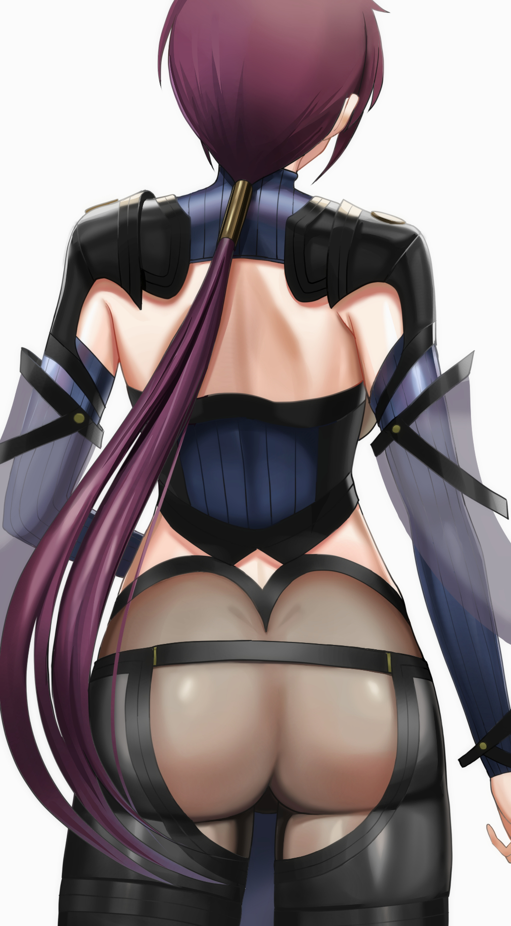 ass back bazett_fraga_mcremitz big_ass big_breasts black_bodysuit bodysuit breasts fate/grand_order fate_(series) female highres higofushi large_breasts long_hair low_ponytail manannan_mac_lir_(fate) pelvic_curtain red_hair thighs