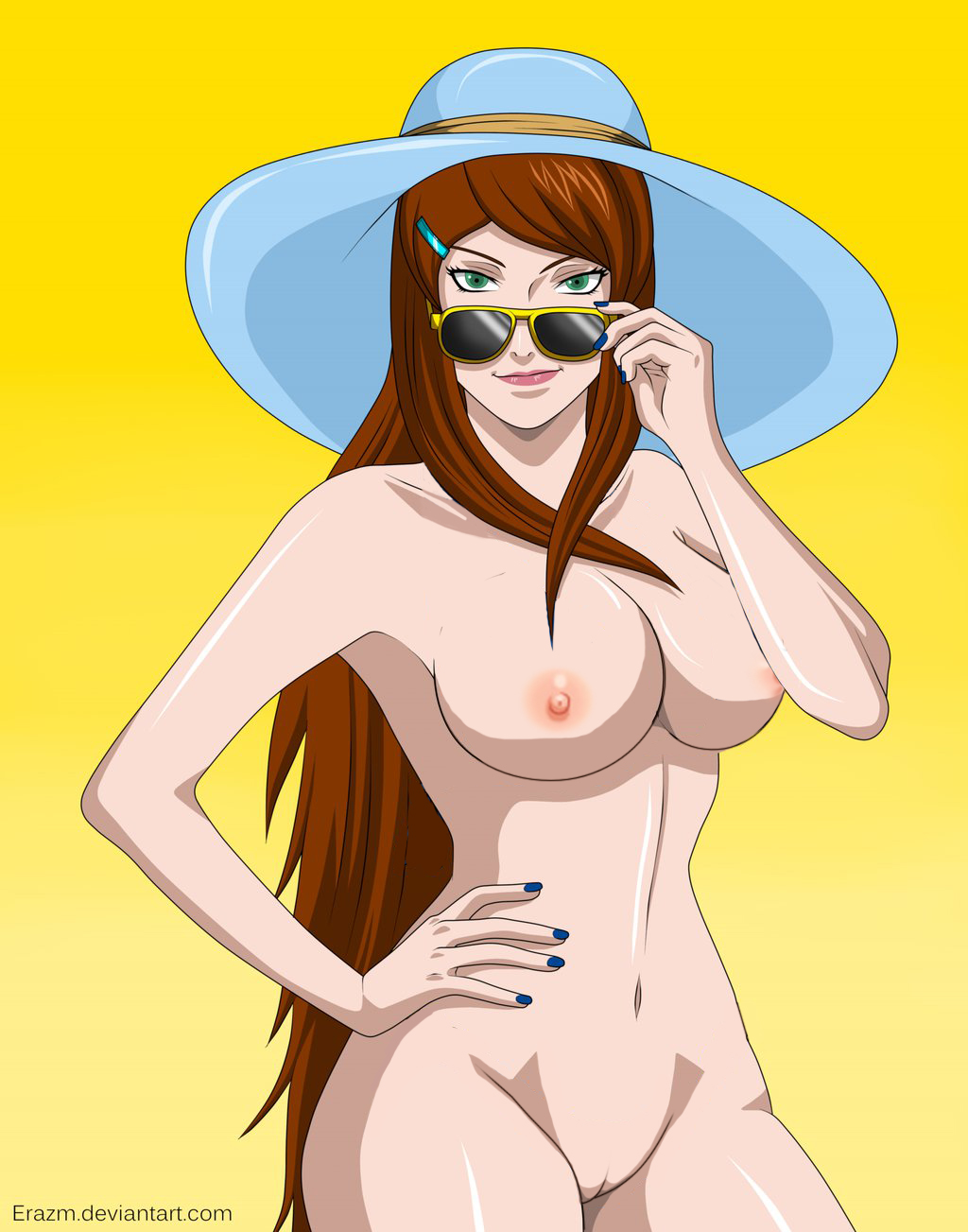 1girls adjusting_eyewear adjusting_glasses adjusting_sunglasses big_breasts breasts brown_hair completely_nude curvaceous eyewear female female_only green_eyes hand_on_hip hat innie_pussy lipstick long_hair looking_over_eyewear looking_over_glasses looking_over_sunglasses makeup mature mature_female mature_woman mei_terumi mizukage naked naruto naruto_(series) naruto_shippuden nekomate14_edited nipples pinup plain_background pussy simple_background smile smirk solo solo_focus sunglasses tinted_eyewear very_long_hair wide_hips yellow_background