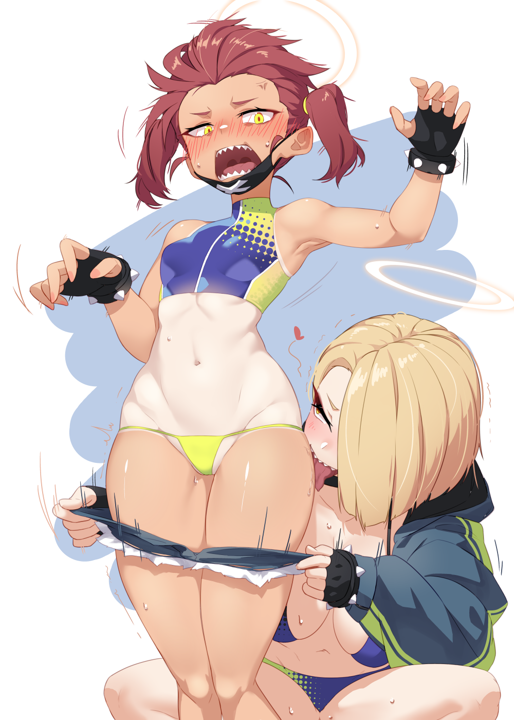 2girls armpits bikini blonde_hair blue_archive blush bracelet breasts dev_(dev0614) fingerless_gloves gloves halo highres jewelry large_breasts licking licking_leg mask micro_bikini mouth_mask multiple_girls navel red_hair seaside_sukeban_(mg)_(blue_archive) seaside_sukeban_(smg)_(blue_archive) sharp_teeth side_ponytail simple_background small_breasts spiked_bracelet spikes surgical_mask sweat swimsuit tan tanlines teeth yellow_eyes yuri