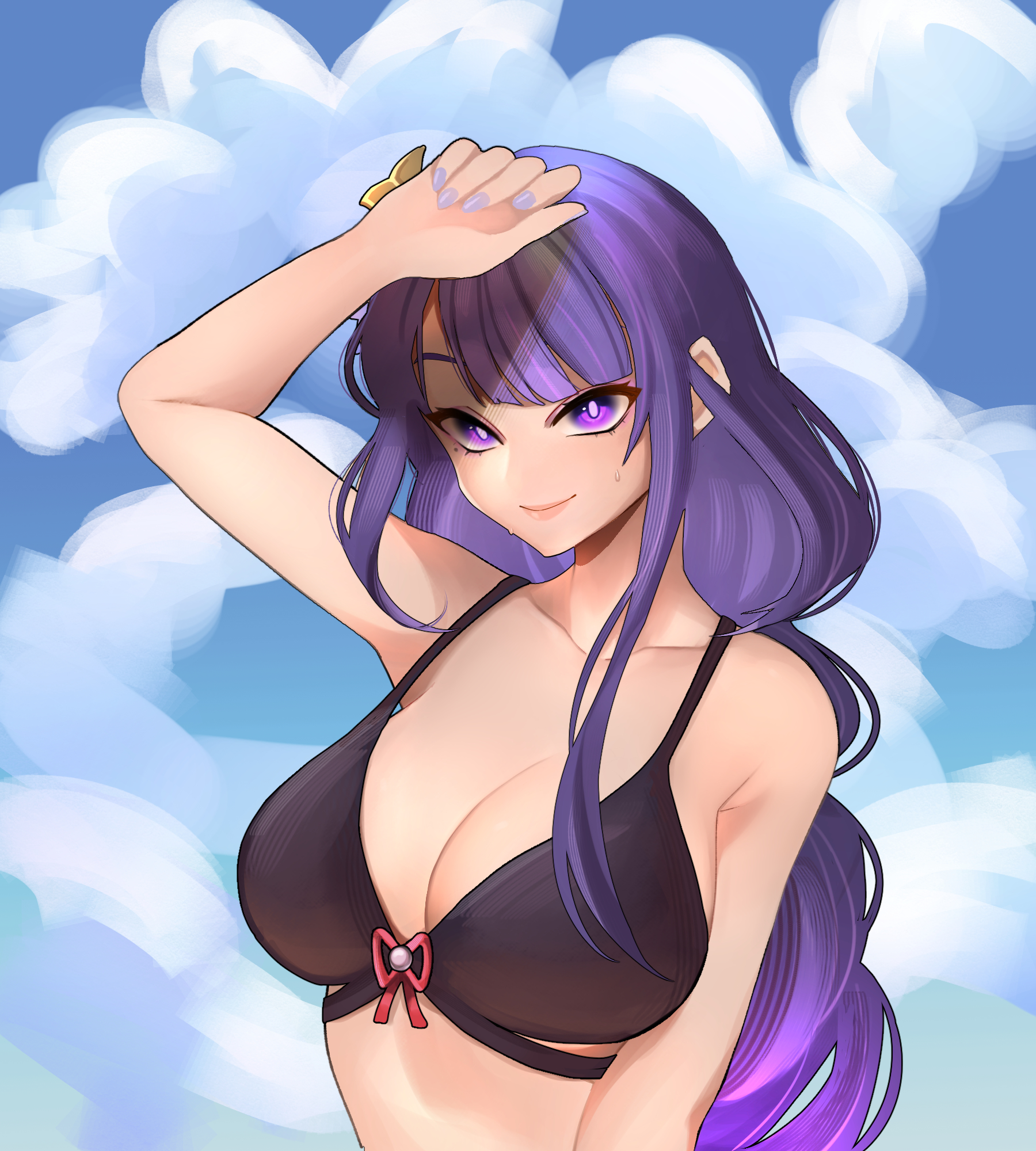 beach, bikini, blue eyes, blue hair, breasts, female, genshin impact, hair ornament, large breasts, long hair, looking at viewer, painted nails, peach evans, raiden shogun, smile, smiling at viewer, summer