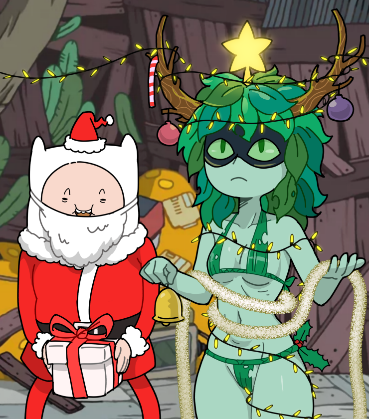 1boy 1boy1girl 1girls 2021 adventure_time antlers bikini bikini_bottom bikini_top breasts centinel303 christmas christmas_decorations christmas_lights christmas_ornaments christmas_present clothed_male eye_mask finn_the_human green_eyes green_skin huntress_wizard leaf_bikini leaf_hair looking_up mask mistletoe ornament panties present santa_costume santa_hat small_breasts star star_ornament wood wooden_antlers