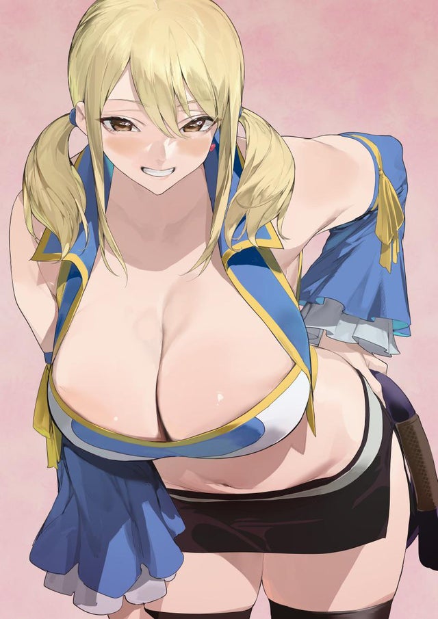 big breasts, blonde hair, breasts, brown eyes, fairy tail, female, fully clothed, iku (ikuchan kaoru), lucy heartfilia, miniskirt, thick thighs, thighhighs