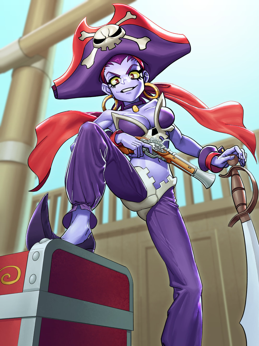 1girls big_breasts breasts female female_focus female_only female_solo holding_gun holding_object lyoung0j one_leg_up purple_hair purple_skin red_eyes risky_boots shantae smooth_skin solo solo_female tagme thick_thighs thighs wayforward