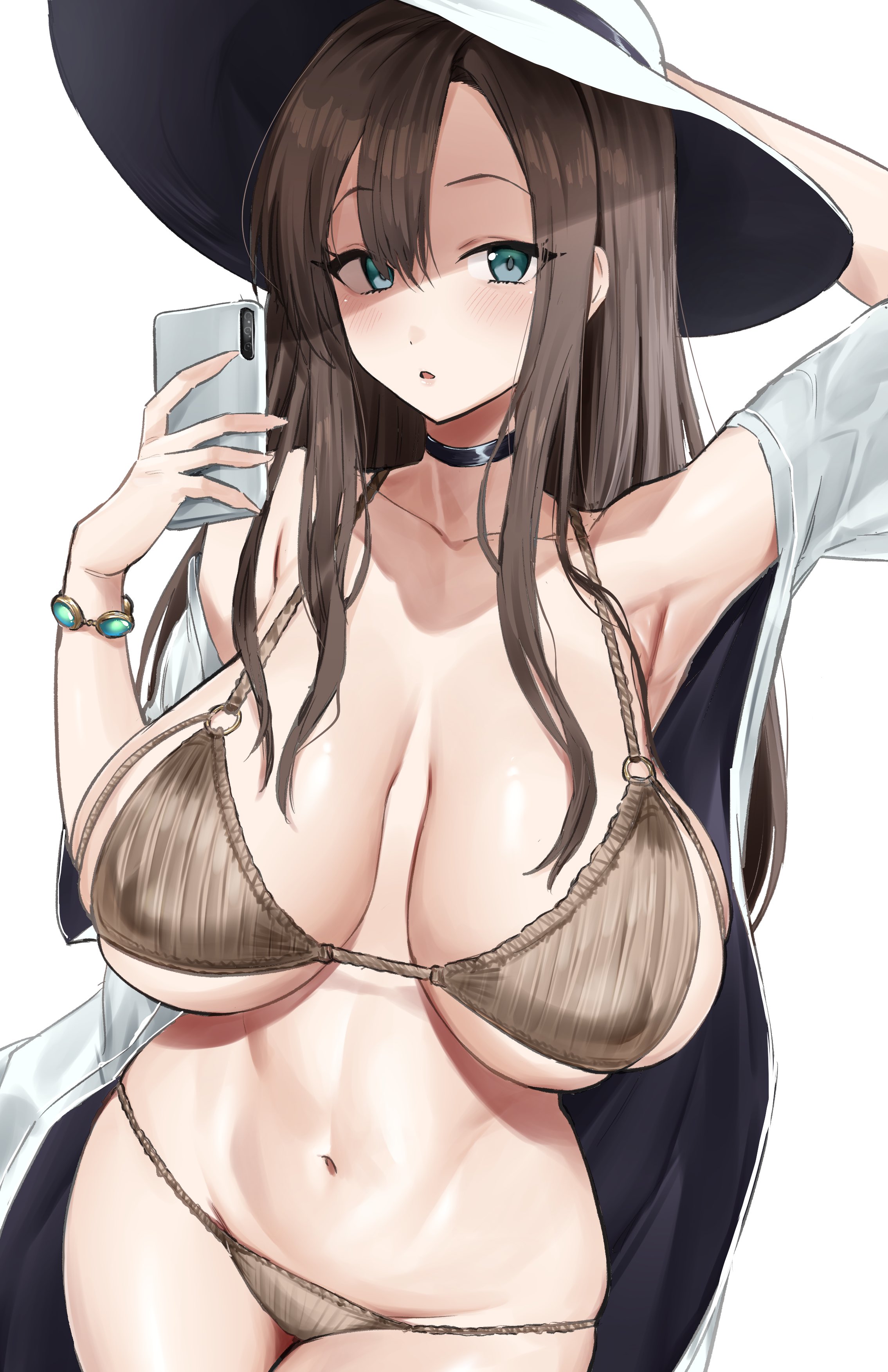 absurdres, arm up, armpits, bangs, bikini, black choker, bracelet, breasts, brown bikini, brown hair, cellphone, choker, collarbone, commentary request, covered nipples, curvy, female, green eyes, hair between eyes, hand on headwear, hat, highres, holding, holding phone, hotate-chan, jewelry, large breasts, looking at viewer, navel, open mouth, original, phone, sagging breasts, simple background, smartphone, solo, standing, stomach, swimsuit, white background, white robe, witch hat