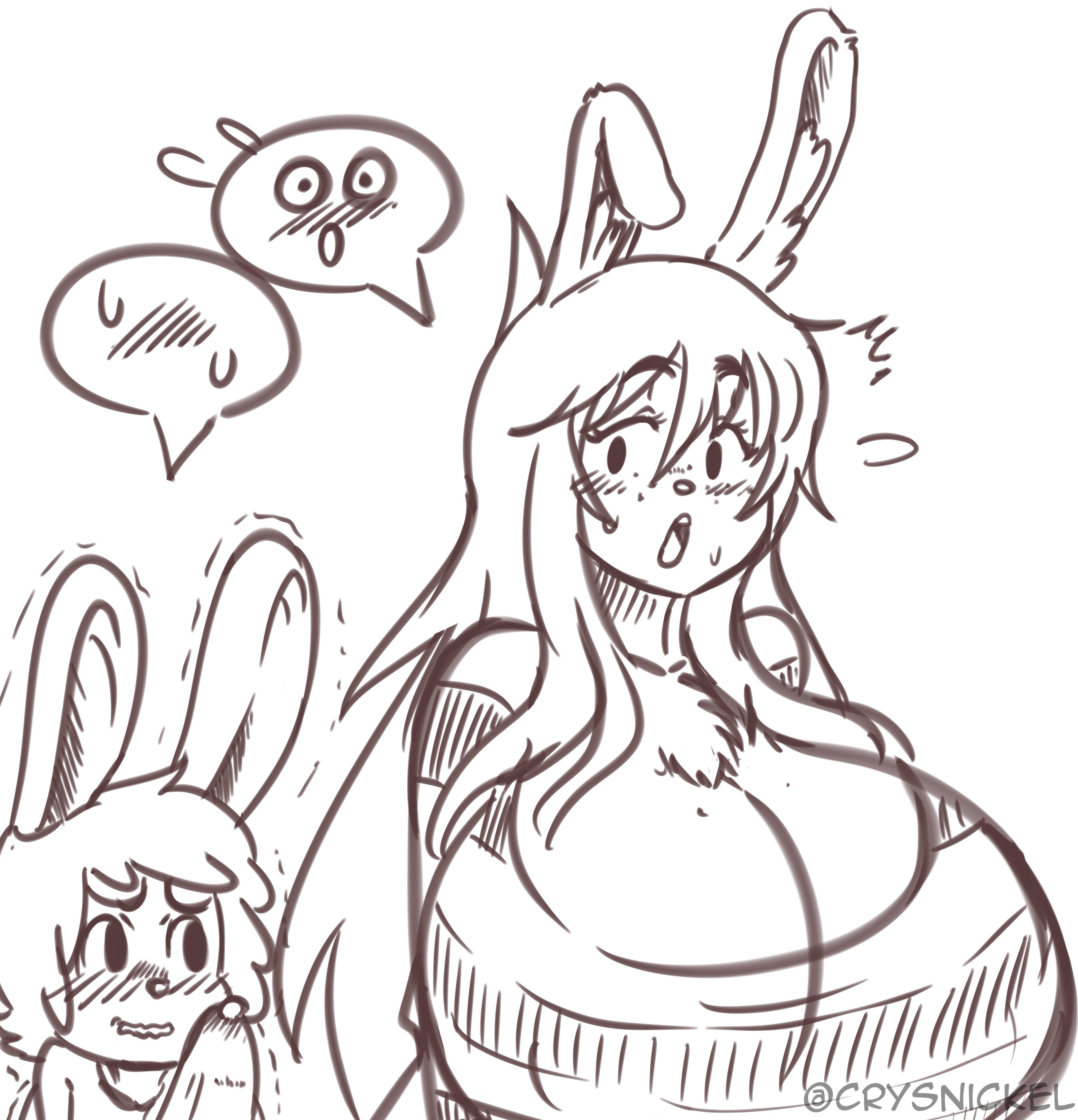 1boy, 1girls, big breasts, blush, boner, boner in pants, breasts, bunny ears, cleavage, cloe (crysnickel), crysnickel, erection, female, huge breasts, large breasts, larger female, long hair, looking at another, male, marco (angstrom), motion lines, precum, precum through clothing, rabbit ears, rabbit humanoid, shaking, shocked, shocked expression, size difference, smaller male, thought bubble