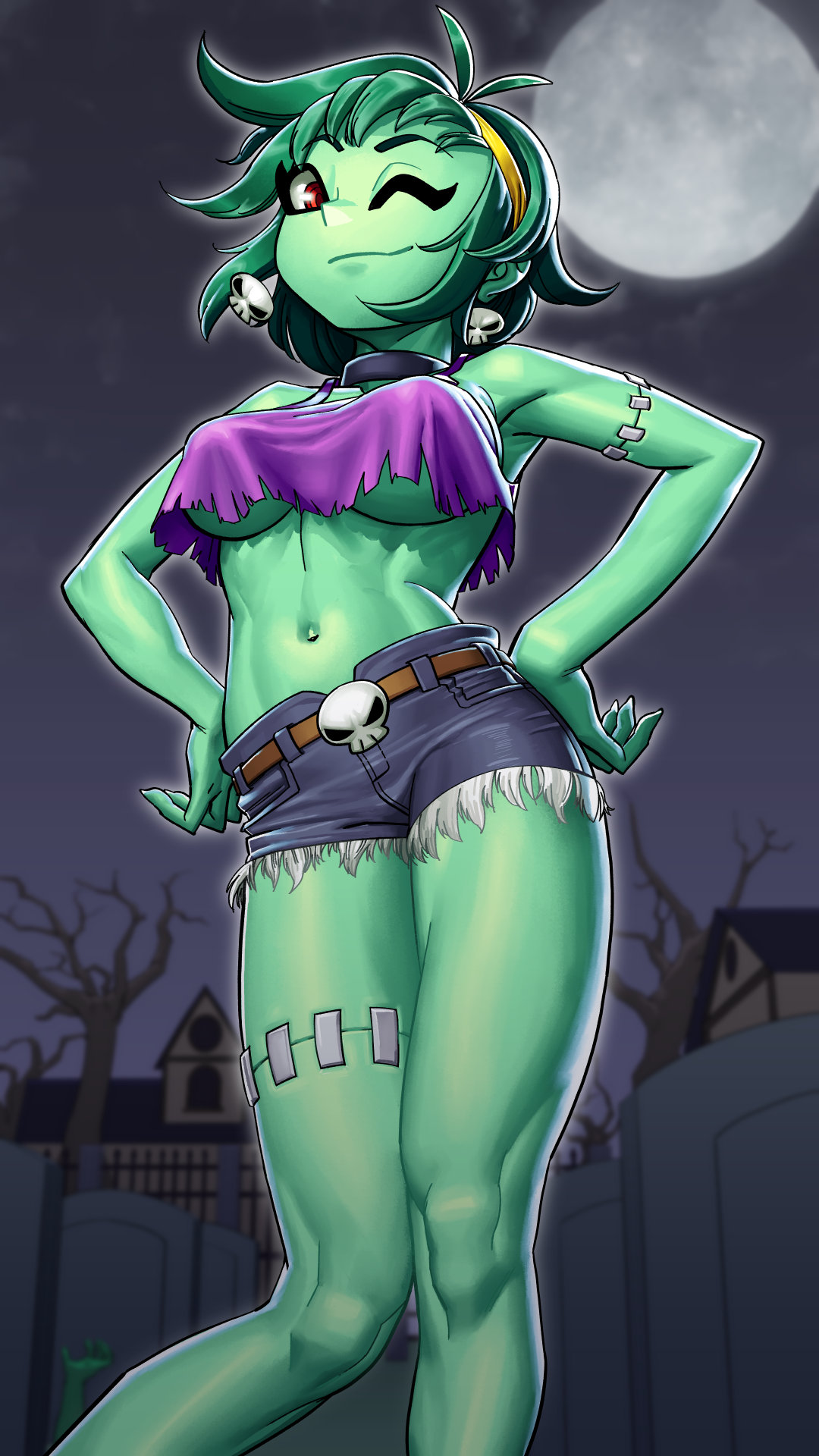 1girls big_breasts breasts female female_focus female_only female_solo green_hair green_skin hands_on_hips looking_at_viewer lyoung0j one_eye_closed red_eyes rottytops shantae smooth_skin solo solo_female tagme thick_thighs thighs wayforward winking winking_at_viewer zombie zombie_girl