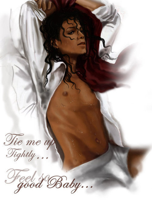 1boy arms_above_head arms_up bound_wrists brown_skin bulge celebrity curly_hair dark-skinned_male english_text laying_down long_hair male male_only michael_jackson musician on_back open_shirt penis_outline real_person restrained sheets solo source_request submissive submissive_male sweat text tied_up underwear unknown_artist white_shirt