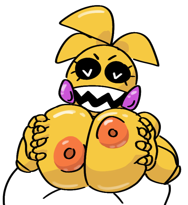 animatronic areolae bananalizard big_areola big_breasts big_nipples black_sclera breast_grab breast_squish five_nights_at_freddy's five_nights_at_freddy's_2 heart-shaped_pupils heart_eyes huge_breasts implied_paizuri large_areolae paizuri robot sharp_teeth simple_background straight toy_chica_(fnaf) white_background