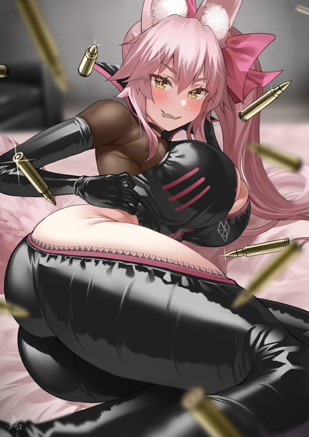 1girls, 2022, artist signature, ass, black bodysuit, blush, bodysuit, breasts, bullets, cleavage, fate (series), fate/grand order, female, female only, fluffy ears, fluffy tail, fox ears, fox girl, hair ornament, huge breasts, kitsune, koyanskaya (assassin first ascension), koyanskaya (assassin), koyanskaya (fate), large ass, long hair, looking at viewer, lying on side, pink hair, side ponytail, smile, tail, thick thighs, thighs, tight clothing, tight fit, unzipped bodysuit, uo denim, voluptuous, yellow eyes