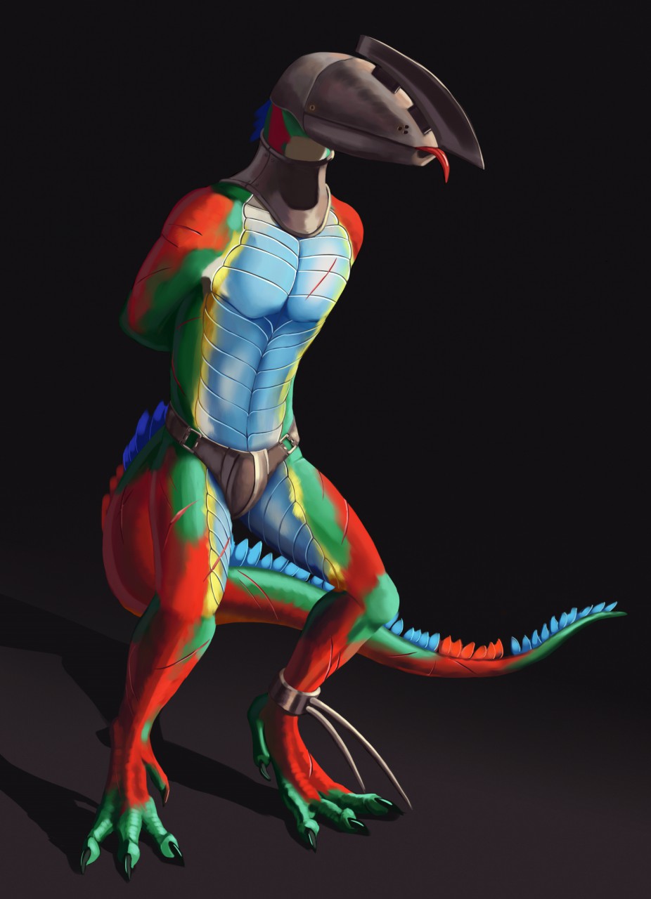 2020 ankle_cuffs anthro armor blade bladed_helmet blep bodypaint chastity_belt chastity_device collar cuff_(restraint) feathers gladiator green_body green_scales hands_behind_back headgear helmet hi_res lizard male male_only mask mitokep posture_collar reptile restraints scales scalie scar simple_background slave slykak_(djtheutii) solo standing submissive submissive_male tongue tongue_out warrior white_body white_scales