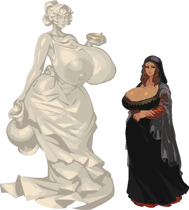 2girls big_breasts chubby_female cloud_meadow divine exposed_breasts female female_only fine_art_parody gigantic_breasts huge_breasts mona_lisa priestess public_domain s-purple statue