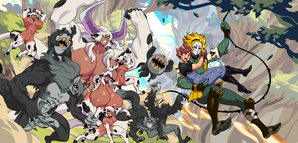 amazon bridal_carry chased cloud_meadow cow_girl evan_(cloud_meadow) feral huge_breasts larger_female larger_male muscular_female s-purple wolf_boy wolf_girl