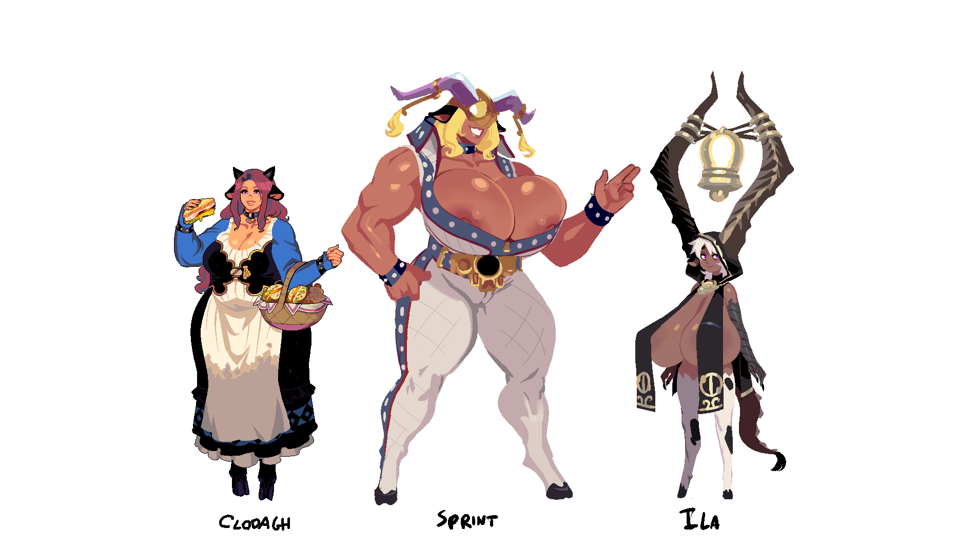 3girls, breasts, cloud meadow, female, female focus, female only, gigantic breasts, goat girl, horns, huge breasts, monster girl, muscular, muscular female, s-purple, shortstack