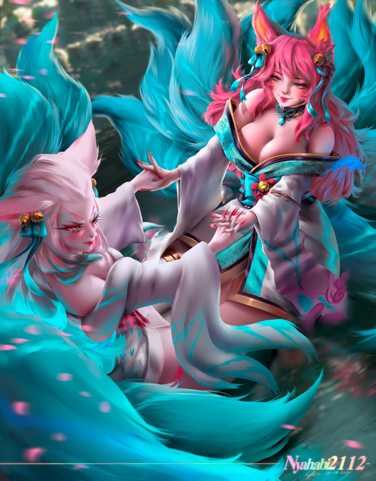 2girls, ahri, alternate costume, alternate eye color, alternate hair color, alternate hairstyle, animal ear fluff, animal ears, animal girl, animal humanoid, bangs, bell, big breasts, blue eyes, breasts, choker, claws, cleavage, clothing, curvy, curvy body, curvy female, curvy figure, dual persona, elegant, eyebrows, eyelashes, eyeliner, eyeshadow, facial markings, female, female only, fox, fox ears, fox girl, fox humanoid, fox tail, fox tails, fur, furry ears, furry tail, hair ornament, hair ribbon, holding hands, hourglass figure, humanoid, interlocked fingers, japanese clothes, kemonomimi, kimono, kitsune, kitsunemimi, large breasts, league of legends, light skin, light-skined female, light-skinned female, long hair, multi tail, nature, nine tailed fox, nyahabi2112, pale skin, pale-skinned female, pink hair, riot games, robe, sharp claws, sharp fingernails, smile, smiling, spirit, spirit blossom ahri, spirit blossom series, tail, thigh highs, vastaya, video games